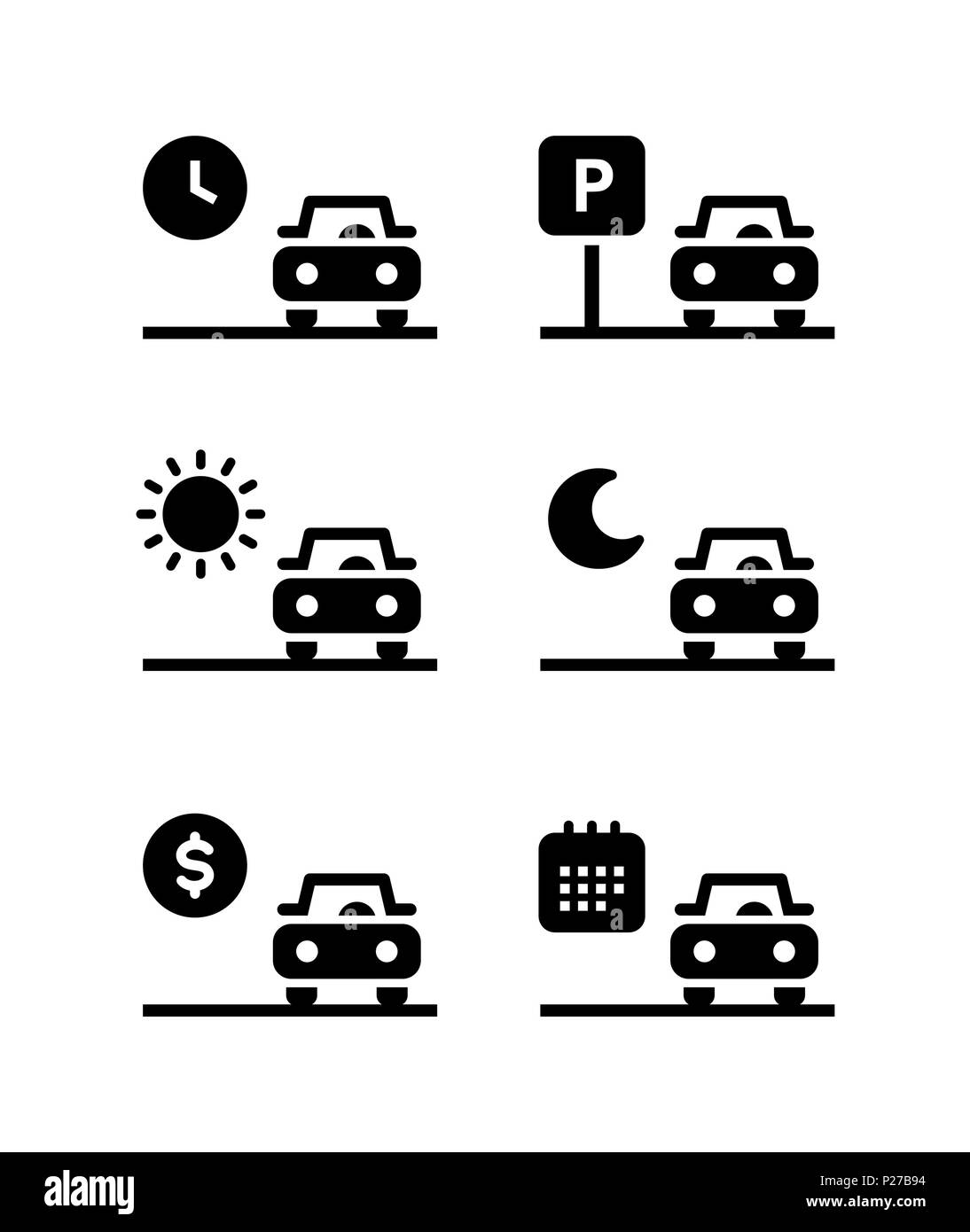 Auto mieten, Parkplatz, einfachen Vektor Black Icons Set befüllt verkaufen. auf weißem Hintergrund Stock Vektor