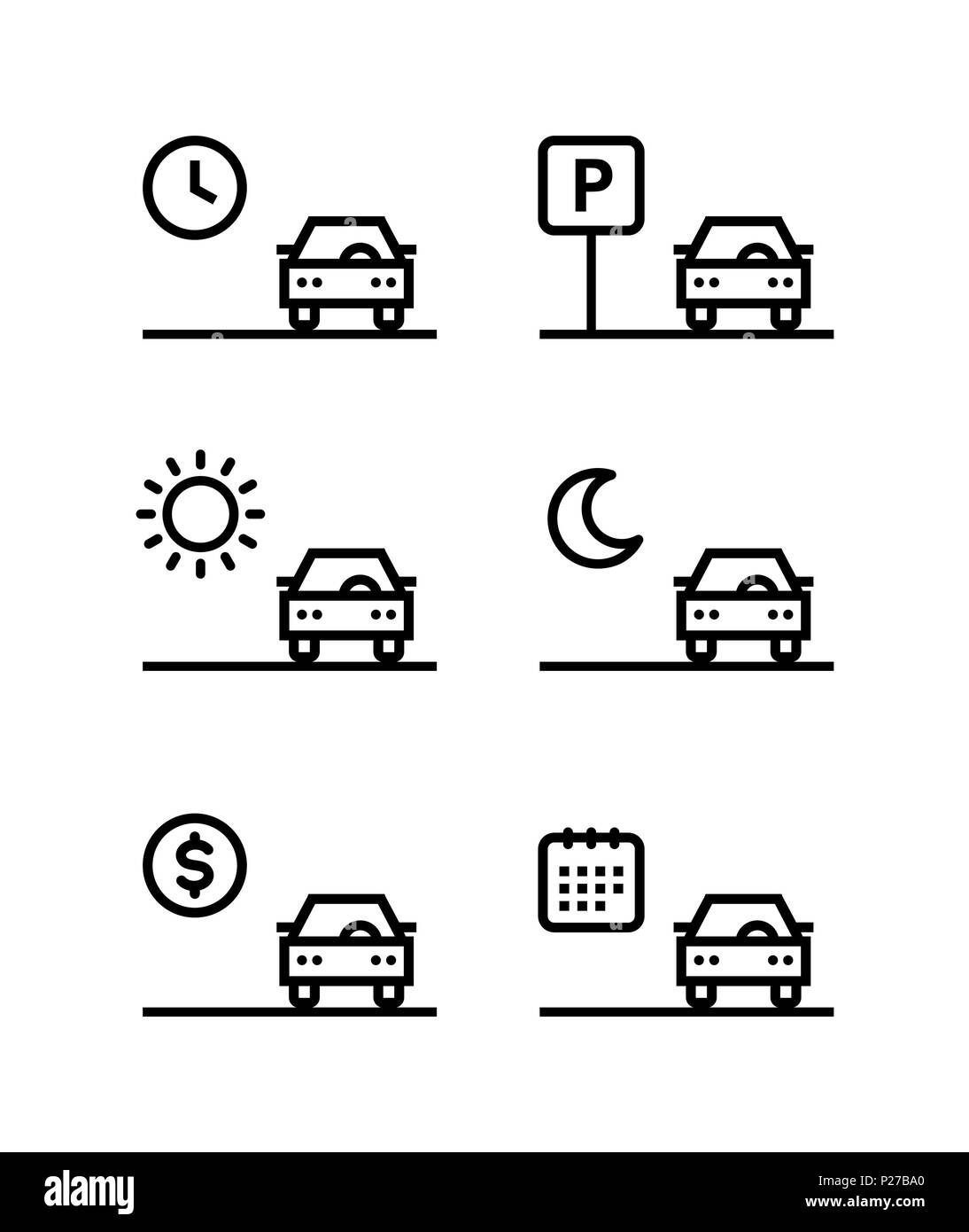 Auto mieten, Parkplatz, Umriss einfachen Vektor schwarze Symbole auf weißem Hintergrund verkaufen Stock Vektor