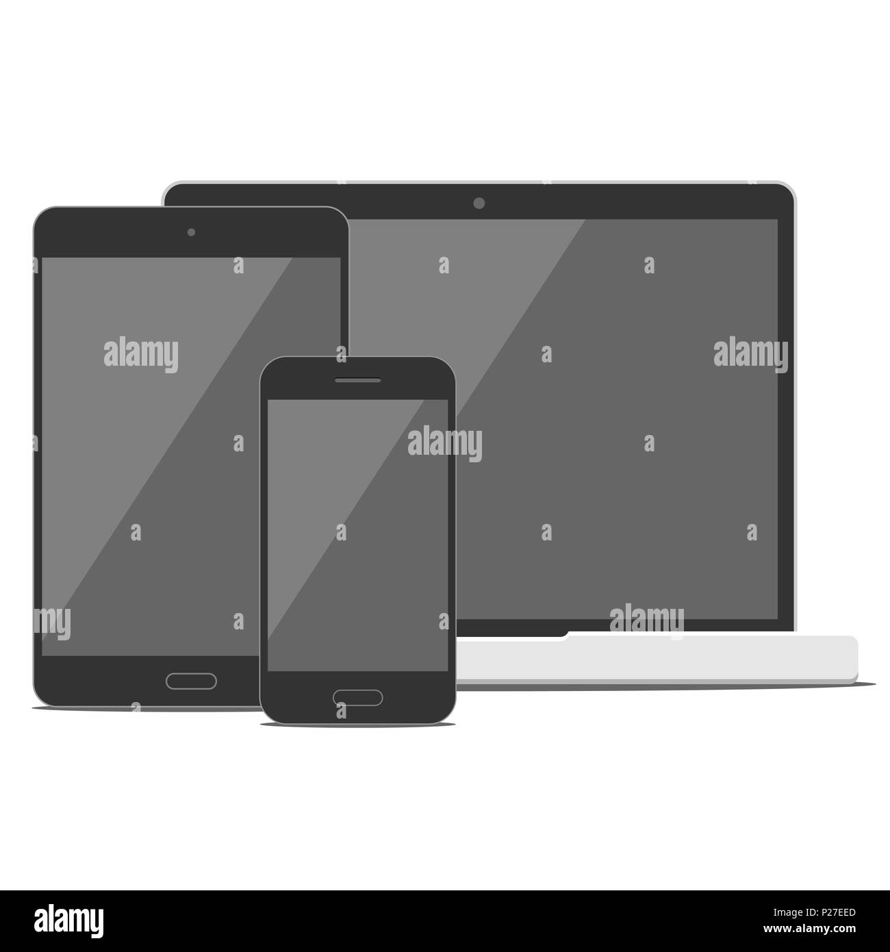 Isolierte schwarze Smartphone, Tablet-PC und Laptop schwarz Vektor Flachbild mockup auf weißem Hintergrund Stock Vektor
