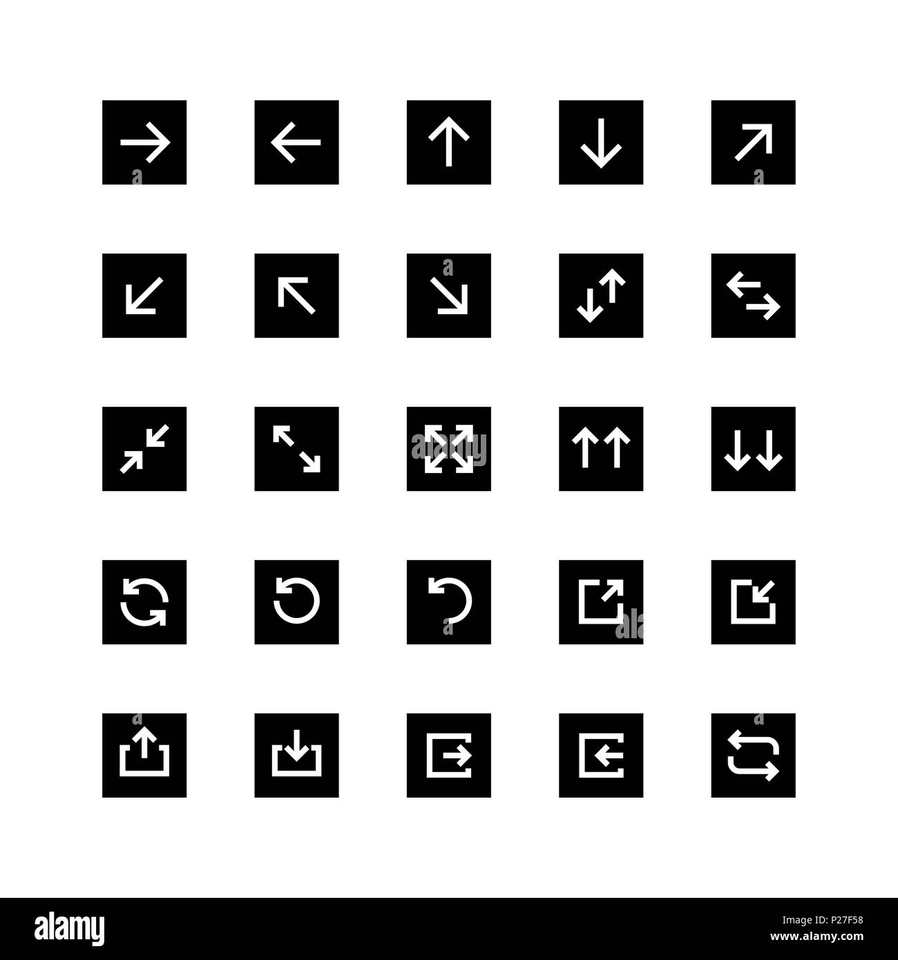 Einfache weiße Pfeile in schwarzen Quadrate für mobile User Interface und Web Design auf weißem Hintergrund Stock Vektor