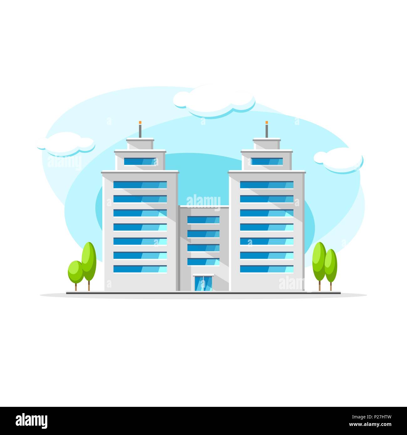 Flache Vektor von zwei modernen Wolkenkratzer Gebäude bunten Illustrationen. Stadt haus, wohnung, Wohn- Objekt auf isoliert weißer Hintergrund Stock Vektor