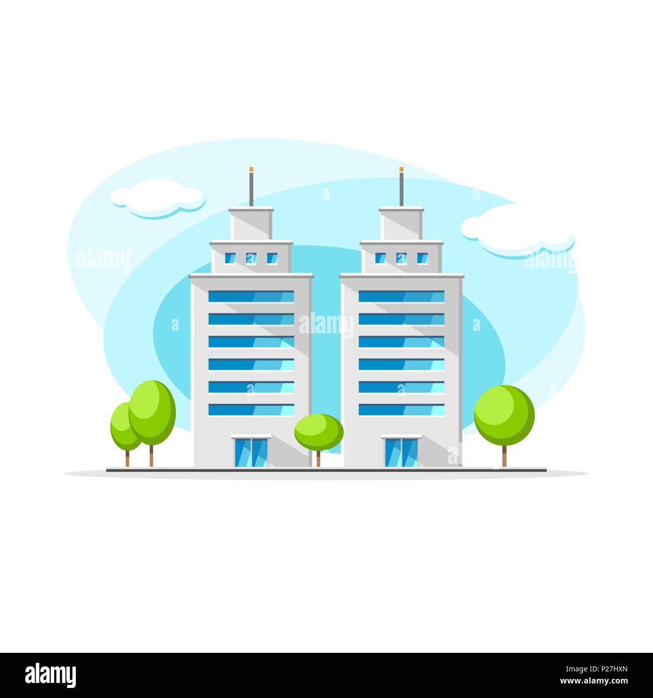 Flache Vektor von zwei modernen Wolkenkratzer Gebäude bunten Illustrationen. Stadt haus, wohnung, Wohn- Objekt mit schönen Fassade auf isolierten whit Stock Vektor