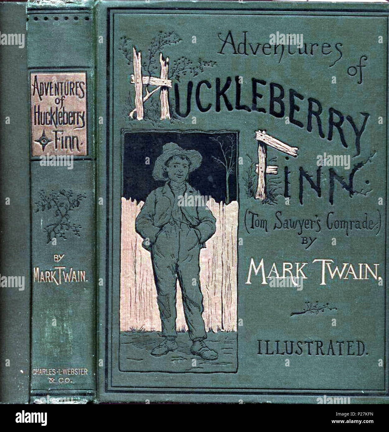 . Englisch: Abdeckung der Abenteuer des Huckleberry Finn von der Zweiten (ersten US-veröffentlicht) Ausgabe 1885 des Buches. 1885. E. W. Kemble (1861-1933) - Illustrator 113 E. W. Kemble - Abenteuer des Huckleberry Finn Abdeckung Stockfoto