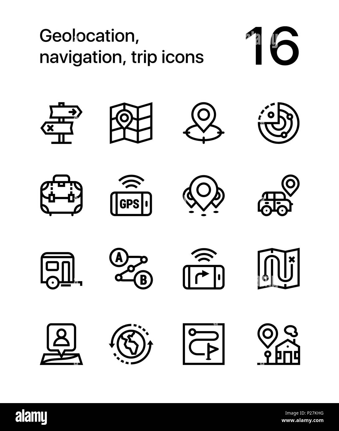 Geolocation, Navigation, Reise Symbole für Web und mobile Design Pack 2 Stock Vektor