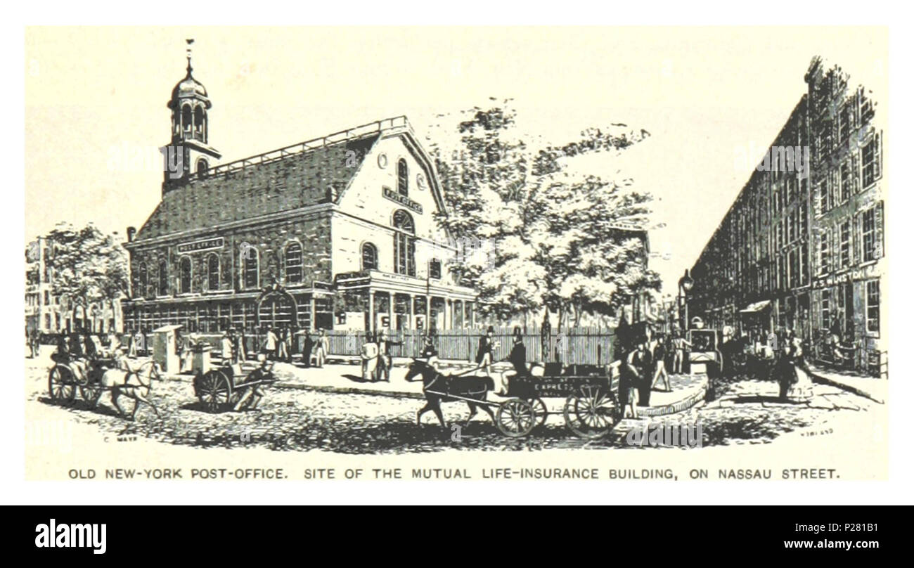 (König 1893, NYC) pg 043 das alte NEW YORK POST, DER GEGENSEITIGEN LEBENSVERSICHERUNG GEBÄUDE IN NASSAU STREET. Stockfoto