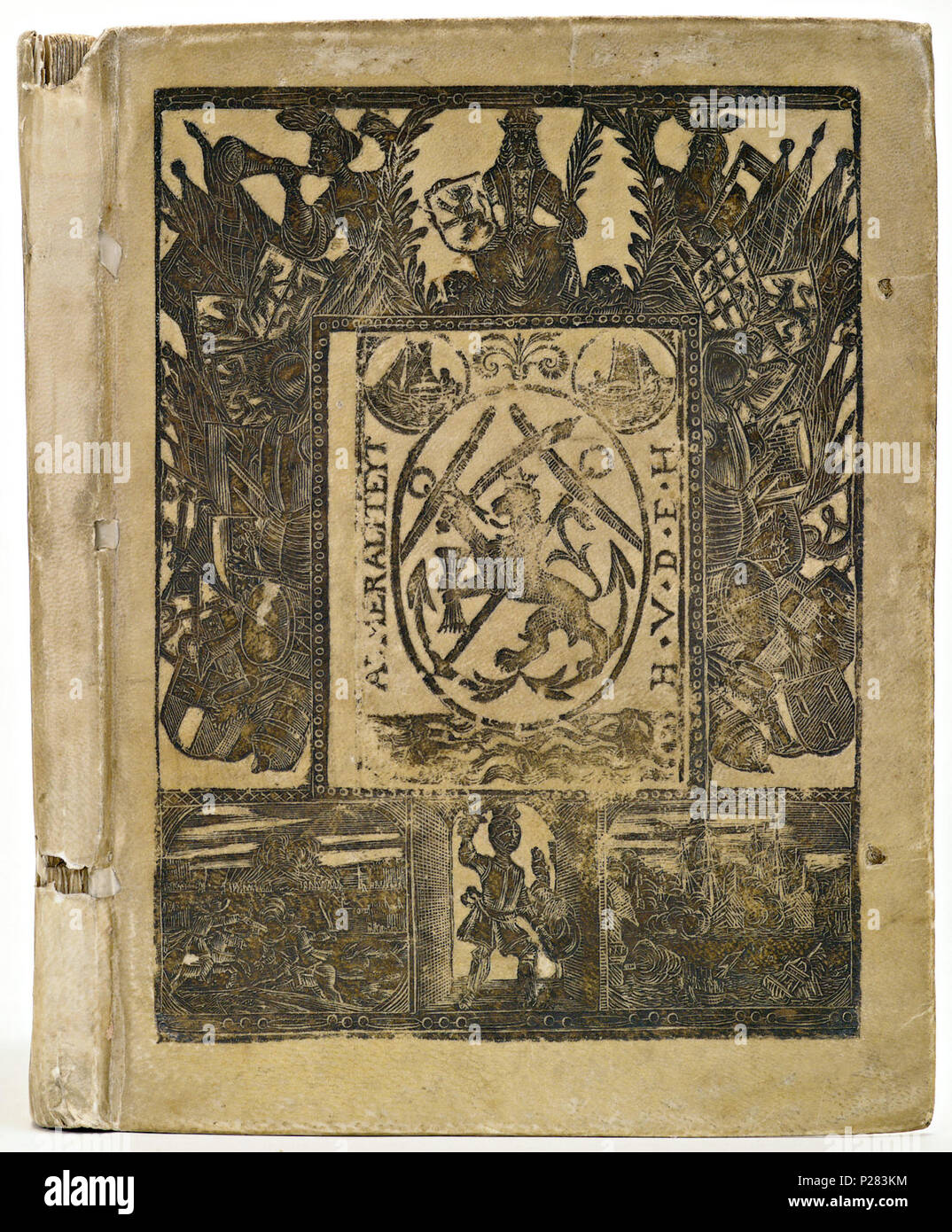 . Band van Leer perkament. Nederlands: Tabletten: Iohan van Oldenbarnevelt. Aende remonstrantie Hooge ende Moghende Heeren Staten vanden Landen van Hollandt ende West-Vriesland... In s'Graven - haghe, hillebrandt Iacobssz, 1618. 4. . 1700-1720? 26 Band van Leer perkament - KONB 12-143 D 12. Stockfoto