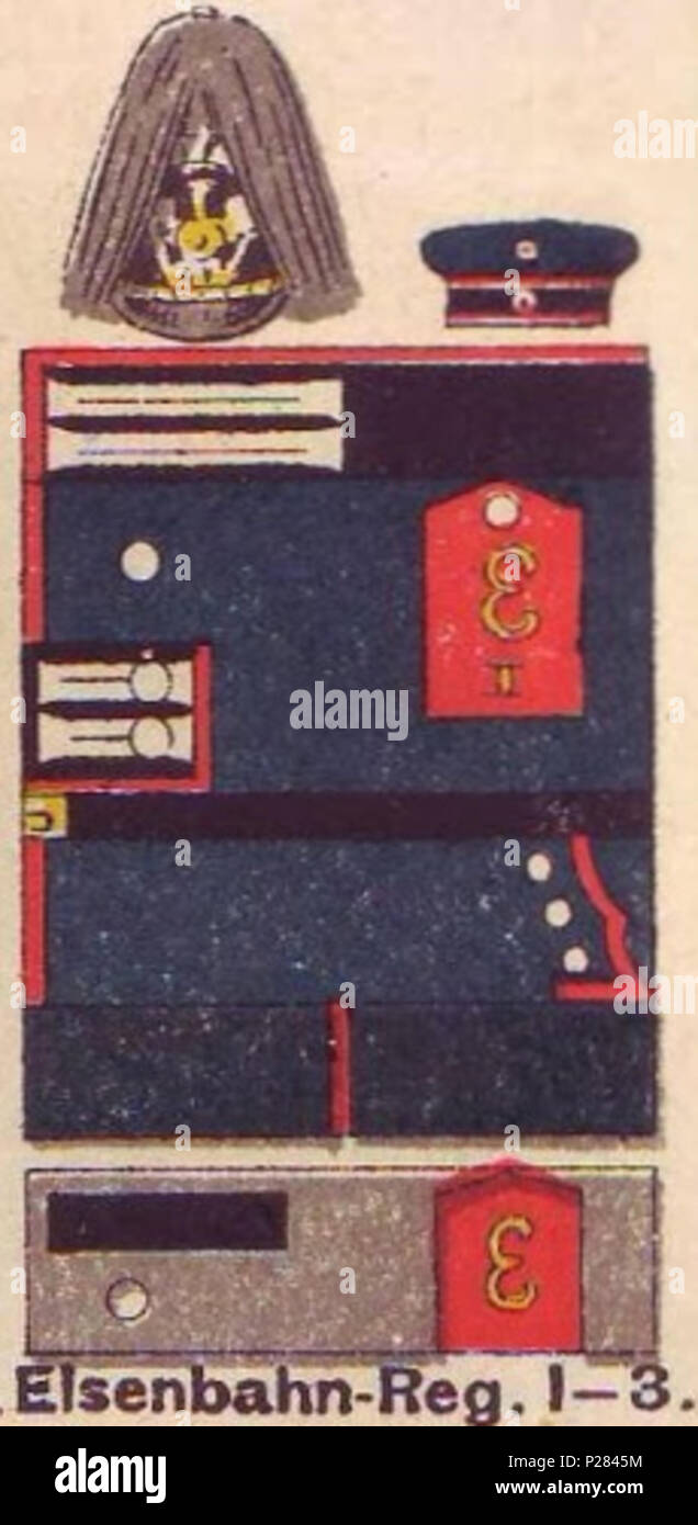 . English: Schematische Farbdarstellung der Uniform der preußischen Eisenbahn-Regimenter Nr. 1-3: Dunkelblauer Waffenrock mit schwarzem Kragen und weißen Litzen; schwarze schwedische Ärmelaufschläge mit weißen Litzen; rote Schulterstücke mit gelber Regimentsnummer und Stilisiertem 'E' für Eisenbahn, Pickelhaube, bei Parade mit Haarbusch. . 1890. Moritz Ruhl (deutscher Lithograph in Leipzig) 122 Farbschema der Einheitlichen, Eisenbahn-Regiment Nr 1-3, Uniformen der deutschen Armee, Ruhl, Tafel 19 Sterben Stockfoto