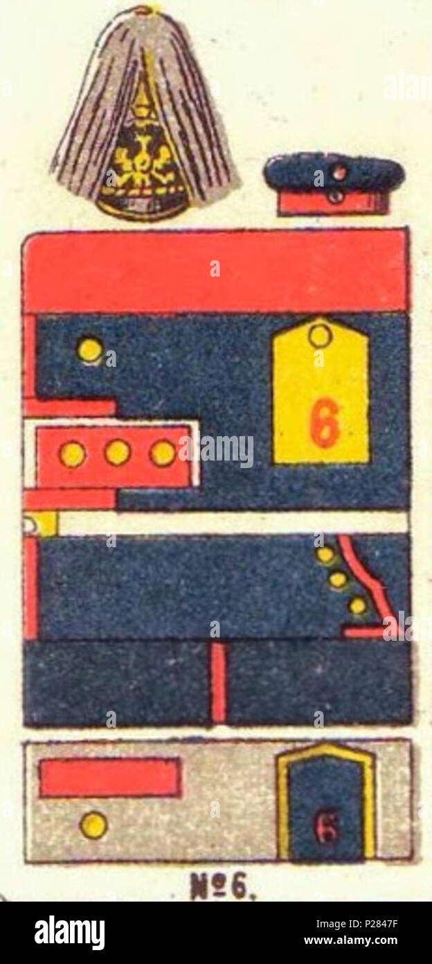 . English: Schematische Farbdarstellung der Uniformen des Grenadier-Regiments "Graf Kleist von Nollendorf" (1. Westpreußisches) Nr. 6. Vor Einführung der Feldgrauen Uniform waren das blauer Waffenrock und blaue Hosen, dazu rote Brandenburger Ärmelaufschläge mit weisser Paspel, 27.09.05 Schulterstücke mit roter Ziffer, gelber Grenadier-Adler auf der Pickelhaube, zur paradeuniform mit Haarbusch. . 1890. Moritz Ruhl (deutscher Lithograph in Leipzig) 122 Farbschema der Einheitlichen, grenadier-regiment Nr.6, Uniformen der deutschen Armee, Ruhl, Tafel 6 sterben Stockfoto