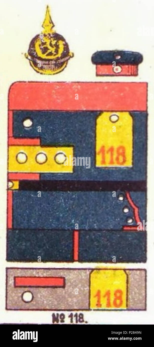 . English: Schematische Farbdarstellung der Uniformen des Infanterie-Regiments "Prinz Carl" (4. Großherzoglich Hessischen) Nr. 118. Vor Einführung der Feldgrauen Uniform waren das blauer Waffenrock und Hosen, honne 27.09.05 brandenburgische Ärmelaufschläge, 27.09.05 Schulterstücke mit roten Ziffern. Gelbes hessischen Emblem auf der Pickelhaube. . 1890. Moritz Ruhl (deutscher Lithograph in Leipzig) 122 Farbschema der Einheitlichen, Infanterie-Regiment Nr. 118, Uniformen der deutschen Armee, Ruhl, Tafel 8 sterben Stockfoto