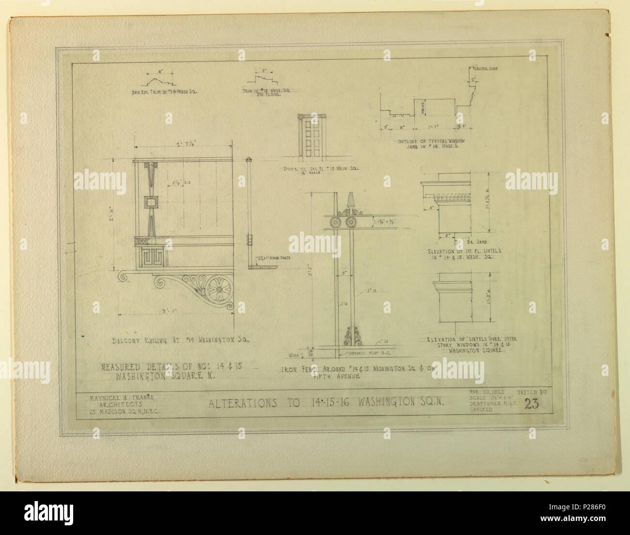 . Englisch: Zeichnung, Änderungen 14-15-16 Washington Square, New York, NY, Skizze Nr. 23, 20. März 1922. Englisch: Zeichnung zeigt mehrere Designs, für die Änderungen von zwei Gebäuden, darunter eine Tür, Balkon, Eisen Zaun, und 2 Geschichte Fenster und 1.Stock Stürze. Es Messungen im gesamten Gebäude. Oben links: BED RM. Verkleidung in #14 WASCHEN SQ., oben Mitte: TRIM IN #15 Waschen. SQ/3. Stock; rechts oben: ÜBERBLICK ÜBER TYPISCHE FENSTER/Pfosten in #14 Waschen. S.; Mitte: TÜR AUF 2 FL #15 WASCHEN SQ. -/1/4"; unten links: gemessene Einzelheiten der Änderungsanträge 14 und 15/WASHINGTON SQUARE N./Balkon Geländer. An #14. Stockfoto
