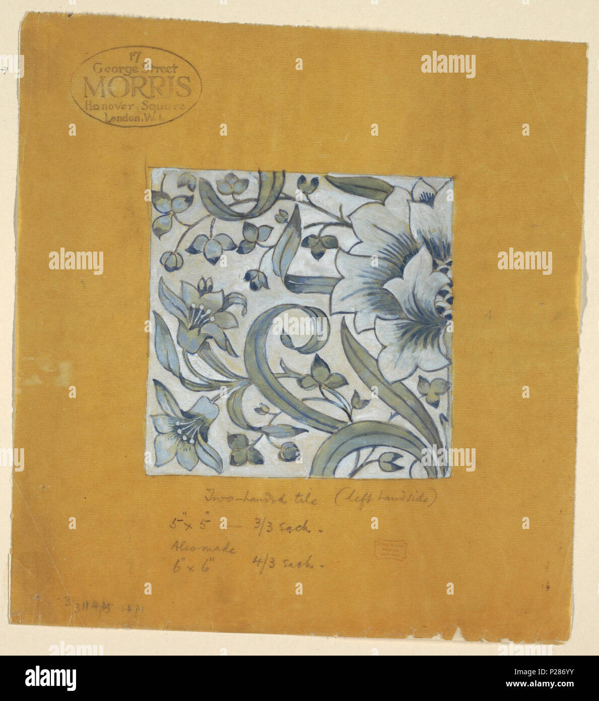 . Englisch: Zeichnen, Design nach William Morris, ein Tile, nach 1917. Englisch: Blau auf weißem Grund zeigt einen Teil einer floralen Arabesken, die 'Linken' Kachel von einem "zwei Händen" Fliese Design. . Nach 1917 99 Zeichnen, Design nach William Morris, ein Tile, die nach 1917 (CH) 18564443 Stockfoto