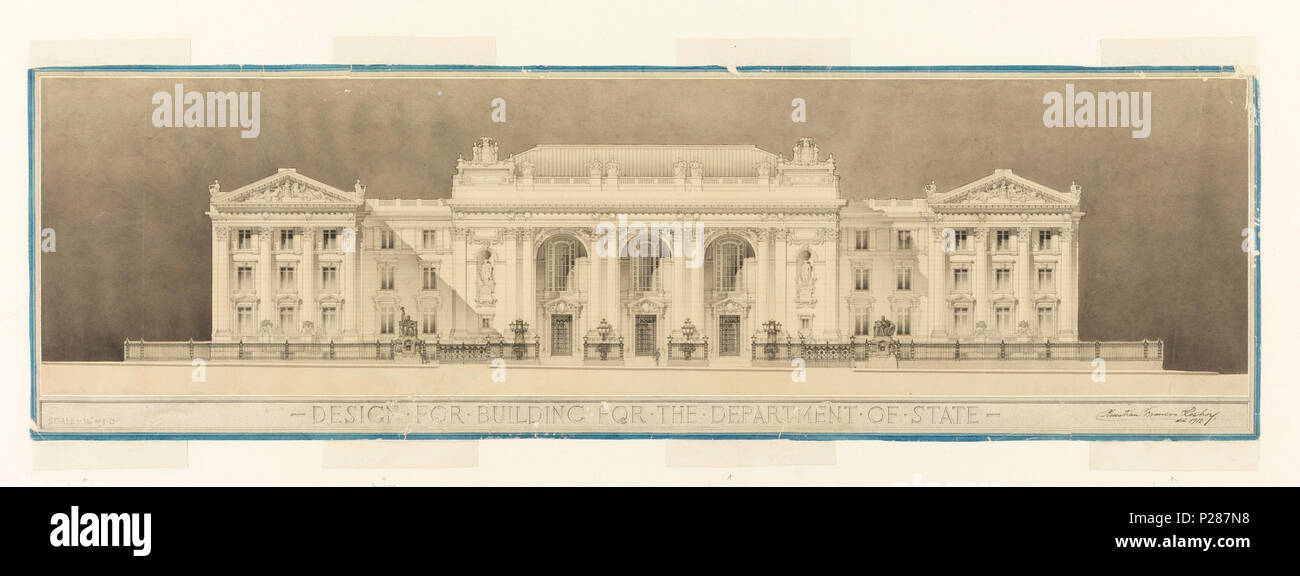 . Englisch: Zeichnen, Design für Gebäude für das State Department, 1912. Englisch: Große klassische Gebäude, Porticoed Fassade und pedimented Flügeln. Unten: DESIGN FÜR GEBÄUDE FÜR DAS STATE DEPARTMENT; unten links: SCALE-1/16' = 1'0. . 1912 101 Zeichnen, Design für Gebäude für das State Department, 1912 (CH) 18397763 Stockfoto