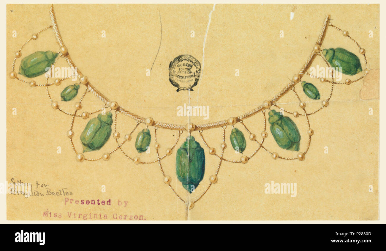 Englisch: Zeichnen, Design für Halskette mit brasilianischen Käfer, Ca.  1900. Englisch: Neun Perlen sind Teil der Kette, aus denen hängen  abwechselnd fünf große und vier kleine Käfer. Ketten mit Perlen hängen