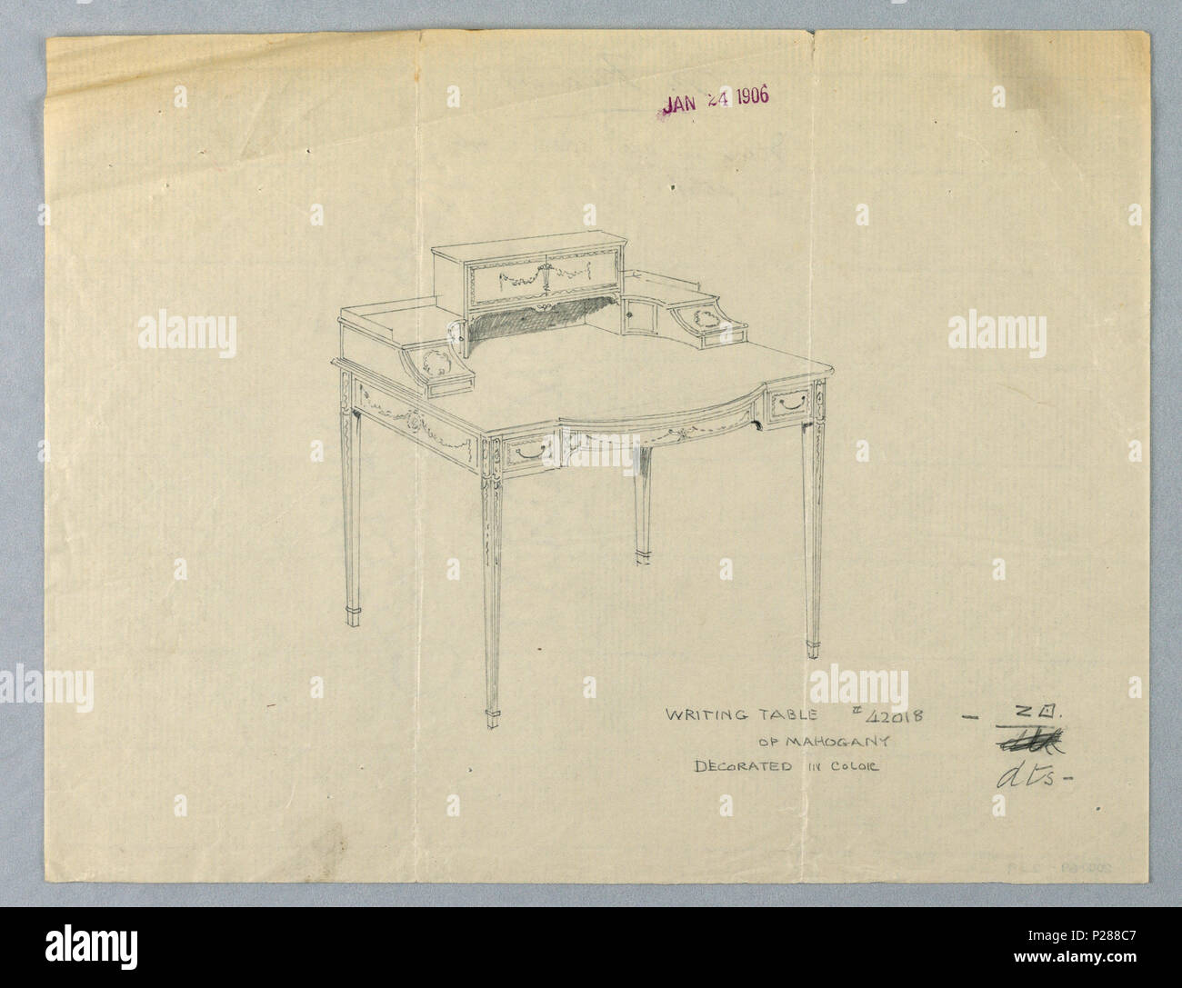 Englisch: Zeichnen, Entwurf für das Schreiben Tabelle #42018 von Mahagoni,  dekoriert in Farbe, 24. Januar 1906. Englisch: Große rechteckige  Tischplatte mit konvexen zentralen Schublade durch kleine Schublade auf  beiden Seiten flankiert;