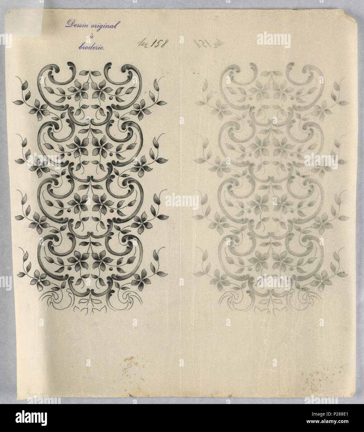 . Englisch: Zeichnung, Entwürfe für Stickerei, Ca. 1890. Englisch: Vertikales Rechteck. Entwürfe von abstraktem Blumenmuster für Panels und Grenzen. Jede Zeichnung gestempelt Oben: essin Original a Broderie." Designs nummeriert 158 (E). ca. 1890 104 Zeichnungen, Entwürfe für Stickerei, Ca. 1890 (CH) 18446677 Stockfoto