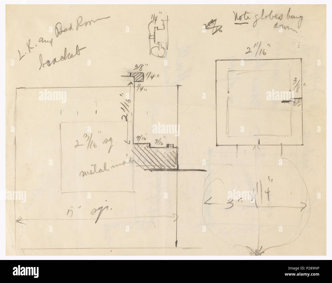 . Englisch: Zeichnung, Wohn- und Schlafzimmer Klammern, Halle Spiegel, Henry J. Allen Residence, Wichita, Kansas, 1917. Englisch: Designs für verschiedene Halterungen. Unten links: großen Platz mit einigen Muster Details. Rechts, kleinere Quadrat ohne Muster. . 1917 106 Zeichnung, Wohn- und Schlafzimmer Klammern, Halle Spiegel, Henry J. Allen Residence, Wichita, Kansas, 1917 (CH) 18800301 Stockfoto