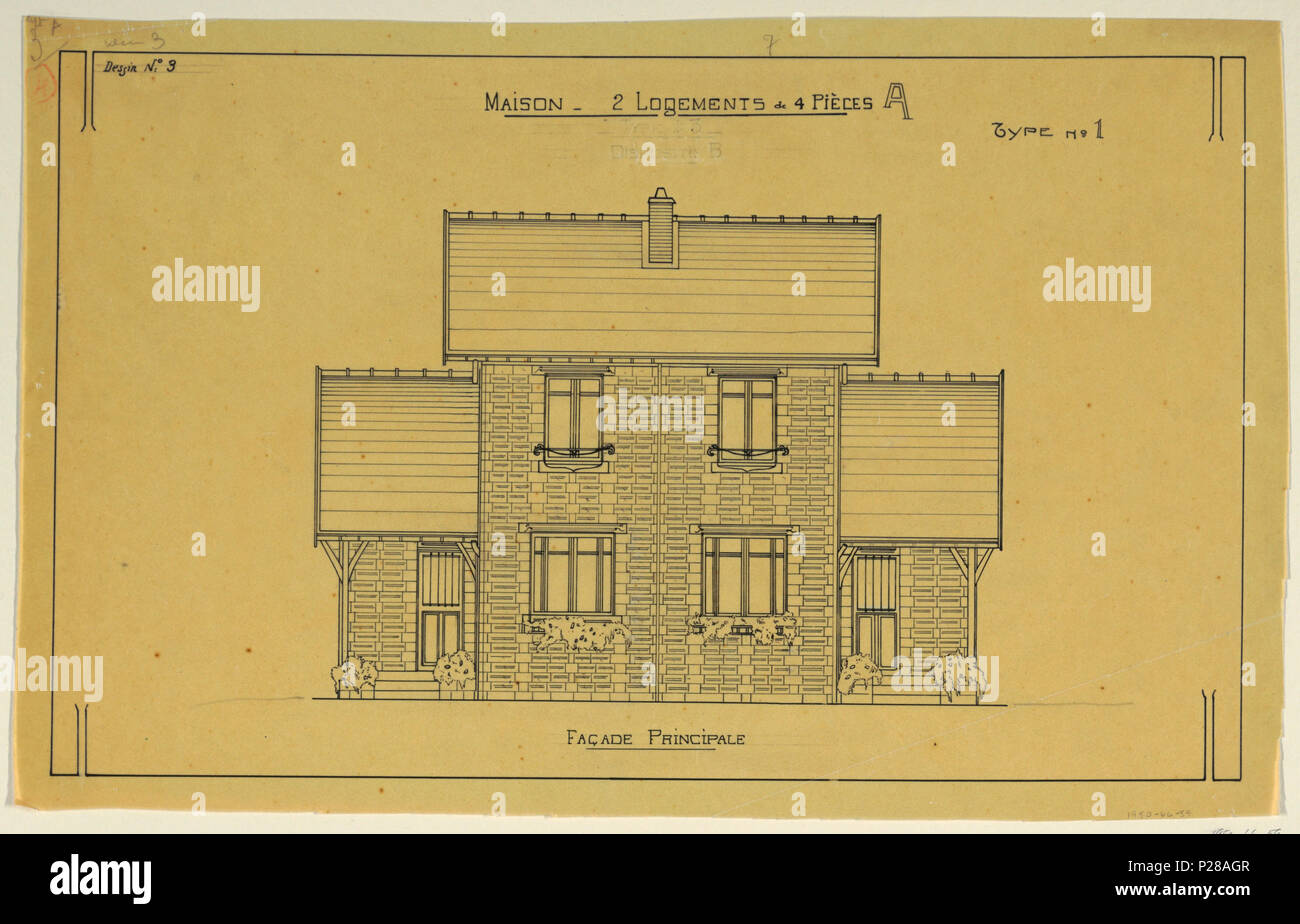 . Englisch: Zeichnung, Rendering der Erhebung der wichtigsten Fassade eines Zwei Familie Mass-Operation Haus (Typ Nr. 1) Ca. 1921. Englisch: Fassade eines zweistöckigen Prinzip zwei Familie operativen Haus, entsprechend konstruktiven Plänen von Guimard für Post entwickelt - der Erste Weltkrieg Wohnungsnot gebaut werden. . Ca. 1921 107 Zeichnung, Rendering der Erhebung der wichtigsten Fassade eines Zwei Familie Mass-Operation Haus (Typ Nr. 1) Ca. 1921 (CH 18384997-2) Stockfoto