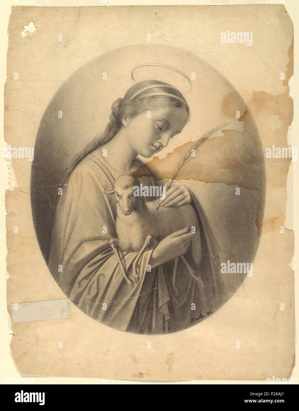 . Englisch: Zeichnung, die hl. Agnes, 1892. Englisch: In oval Format, Saint gesehen wird, mit Blick auf halb-rechts, mit einem Lamm im Arm und der Palm ihres Martyriums in der linken Hand. Halo über den Kopf, und der Blick ist nach unten gerichtet. . 1892 107 Zeichnung, die hl. Agnes, 1892 (CH) 18439673-2 Stockfoto