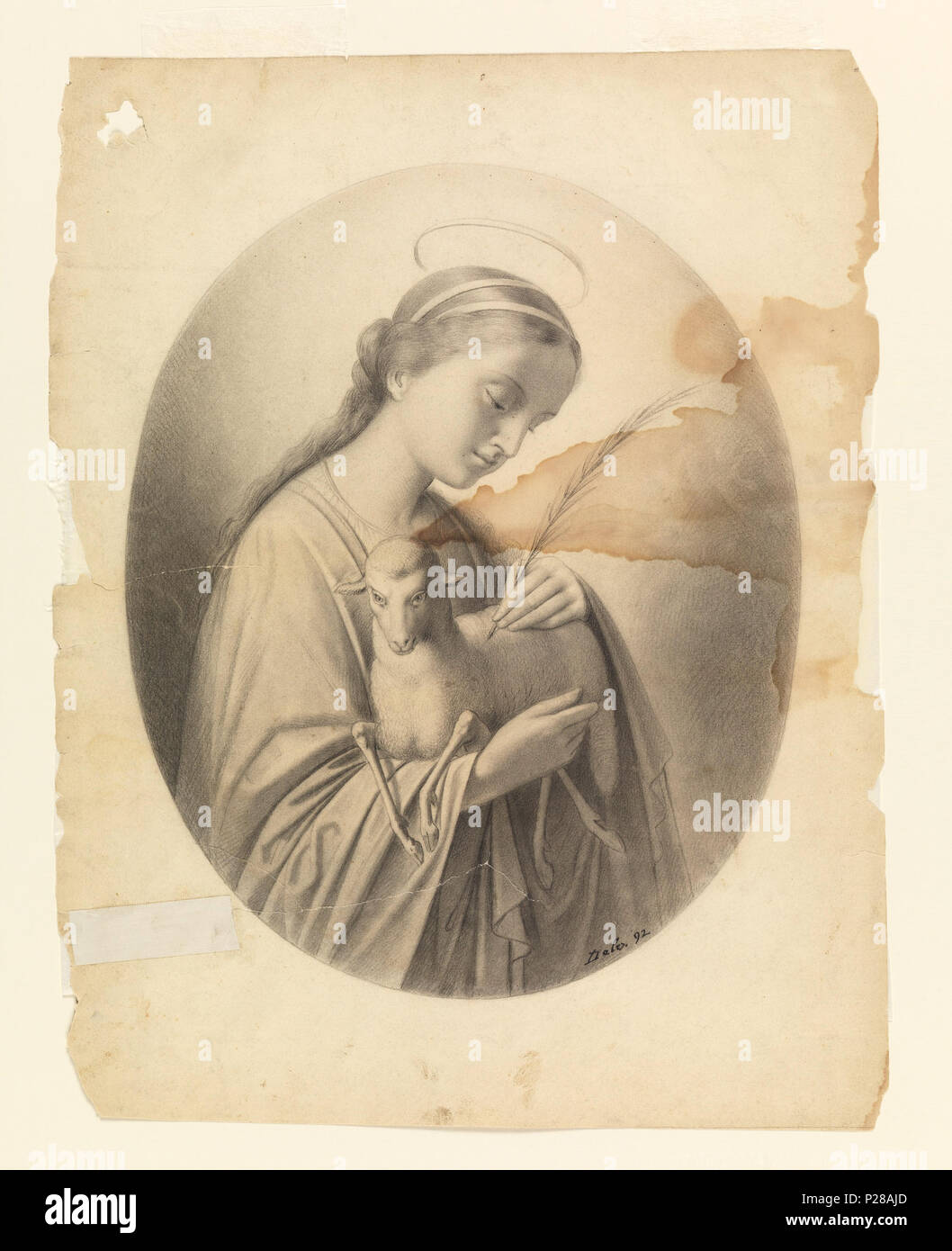 . Englisch: Zeichnung, die hl. Agnes, 1892. Englisch: In oval Format, Saint gesehen wird, mit Blick auf halb-rechts, mit einem Lamm im Arm und der Palm ihres Martyriums in der linken Hand. Halo über den Kopf, und der Blick ist nach unten gerichtet. . 1892 107 Zeichnung, die hl. Agnes, 1892 (CH) 18439673 Stockfoto