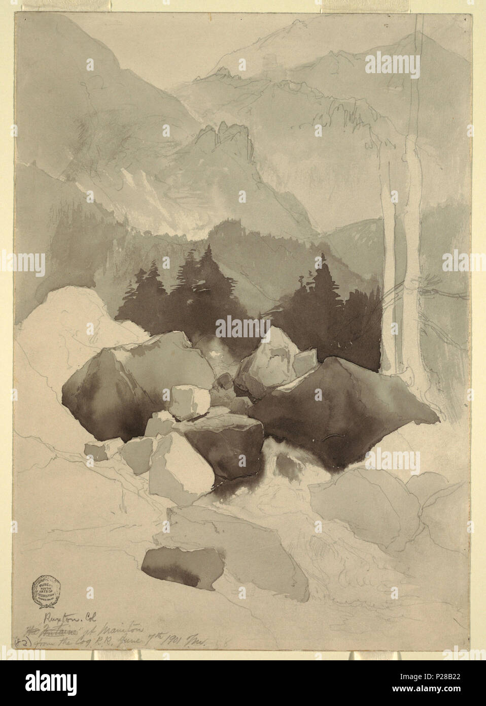 . Englisch: Zeichnung, Studie, Ruxton, Colorado, 7. Juni 1901. Englisch: Vertikale Ansicht eines Boulder - gefüllte Schlucht mit einem Strom in den Vordergrund. Malerische Aussicht auf die Berge mit Pinien. . Vom 7. Juni 1901 108 Zeichnung, Studie, Ruxton, Colorado, 7. Juni 1901 (CH) 18189943 Stockfoto