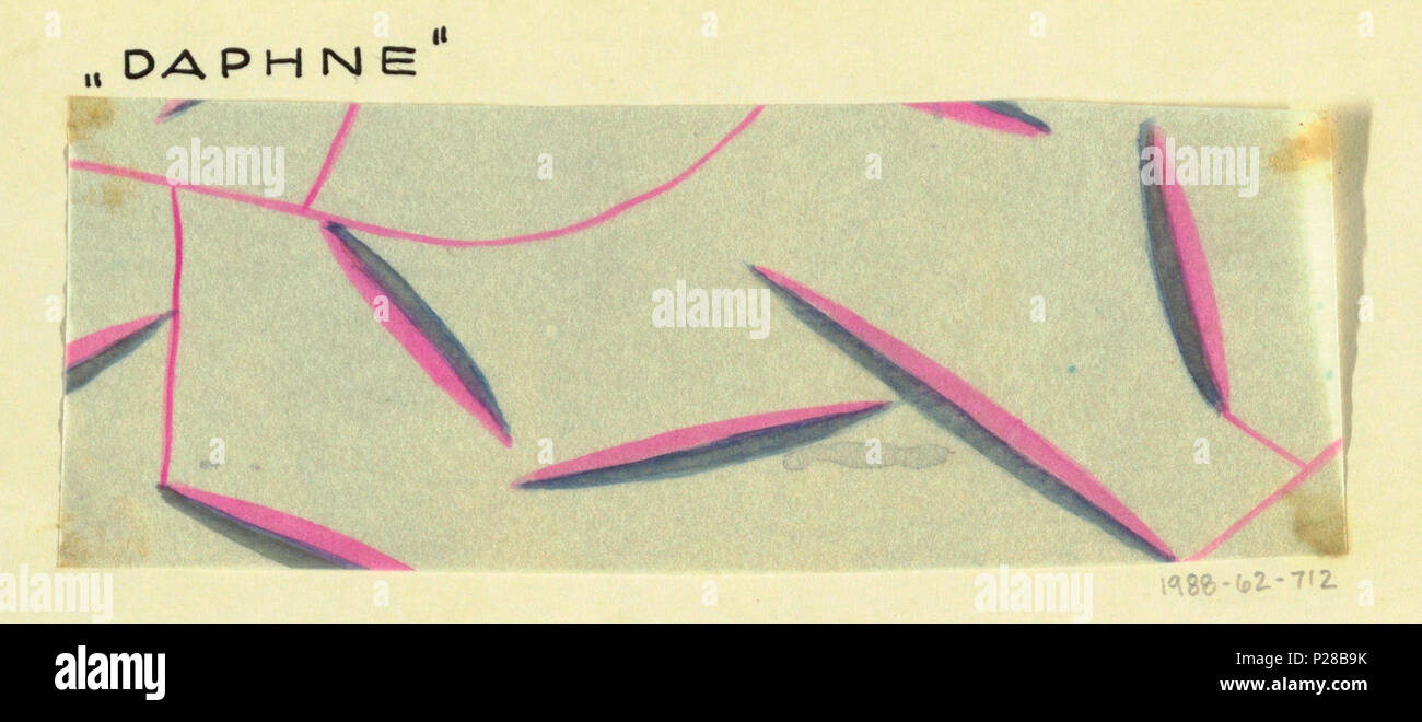 . Englisch: Zeichnung, Textil Design: Daphne, 1918. Englisch: dünne Zweige mit großen länglichen Blätter in Rosa und Blau auf weißem Grund. . 1918 109 Zeichnung, Textile Design - Daphne, 1918 (CH) 18631213 Stockfoto