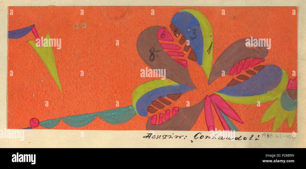 . Englisch: Zeichnung, Textil Design: Coriandoli (Konfetti), 1922. Englisch: Blumenmotiv mit drei großen Gezahnten Blütenblätter in braun, blau, lime und rosa; pfeilförmigen Blatt auf der linken und die Muschelförmigen verlassen, rechts in grün, orange hinterlegt. . 1922 109 Zeichnung, Textildesign - Coriandoli (Konfetti), 1922 (CH) 18629981 Stockfoto