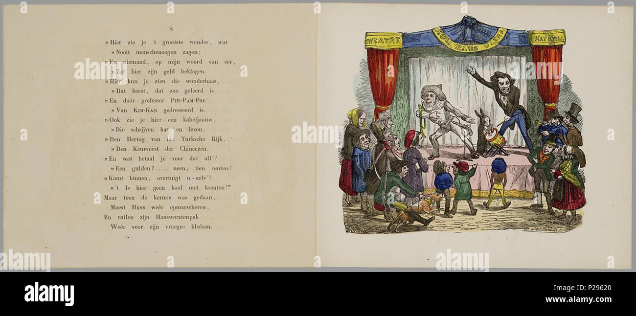 . De zonderlinge lotgevallen van Hans Kijk-in de Wereld. Länglich prentenboek met handgekleurde paginagroot Gravures (8 de 1 4 scènes op een blad Met) en rijmende Text. Hans, een Verlaat zijn ouderlijk deugniet, Huis als hij twaalf Jaar ist. Hij gaat in de leer als pruikenmakersjongen, werkt als Hansworst op de Kirmes, geeft Zürich uit voor Dokter, werkt als Pierrot bij Lehman, wordt Koetsier, dresseur, beledigt een zwarte Knecht sterben neemt De wraak probeert het Dan als wijnhuis - muzikant. 17 S., 9 Bl. pl: handgekl. lith//De keerzijde der illustraties ist onbedrukt / Glasplatte gesigneerd met H.W.A. Stockfoto