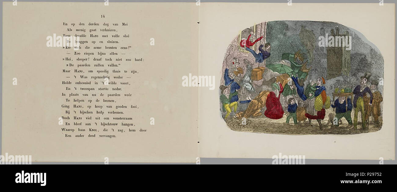 . De zonderlinge lotgevallen van Hans Kijk-in de Wereld. Länglich prentenboek met handgekleurde paginagroot Gravures (8 de 1 4 scènes op een blad Met) en rijmende Text. Hans, een Verlaat zijn ouderlijk deugniet, Huis als hij twaalf Jaar ist. Hij gaat in de leer als pruikenmakersjongen, werkt als Hansworst op de Kirmes, geeft Zürich uit voor Dokter, werkt als Pierrot bij Lehman, wordt Koetsier, dresseur, beledigt een zwarte Knecht sterben neemt De wraak probeert het Dan als wijnhuis - muzikant. 17 S., 9 Bl. pl: handgekl. lith//De keerzijde der illustraties ist onbedrukt / Glasplatte gesigneerd met H.W.A. Stockfoto