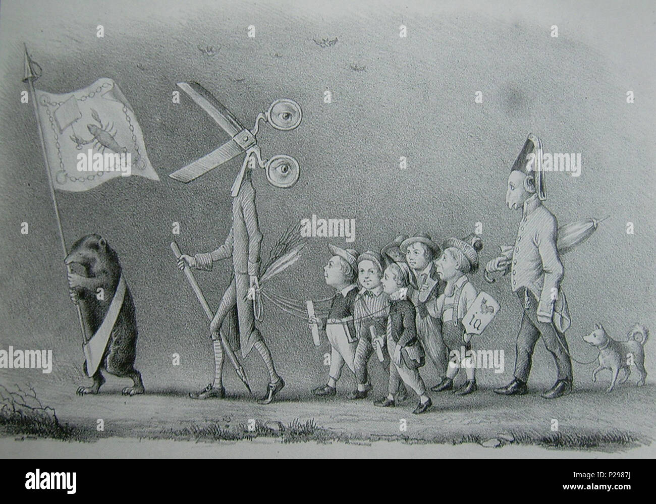 . English: In der Naturwissenschaft Die gute Presse von 1847 aus unbekannter Feder e der Krebs für Rückschritt, der Spiegel des Krebses und Rückwärtsgewandtheit, der Maulwurf für Blindheit, Kerzenlöscher für Dunkelheit, die Schere und Stift für Zensur, die Rute für Drangsal, sterben viel Torte für Überwachung, sterben Kinder für den Bevormundeten Bürger, der Schafskopfspolizist und Dummheit der Staatsmacht und der Spitz und Spitzelei. Sterben 1900 erschien in der Zeitschrift Horizont. Die Bildunterschrift lautet: Süße heilige Censur; laß uns gehn auf deiner Spur, Leite uns eine deiner Hand Kindern Stockfoto