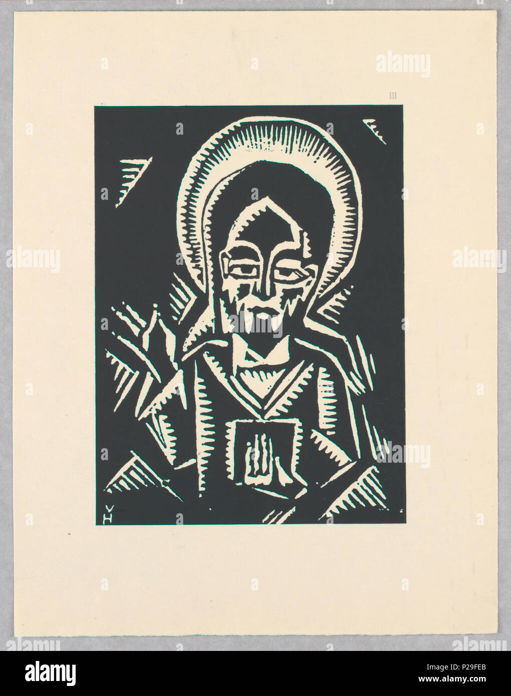 . Englisch: Drucken, Christos Zehajici, Christus, Tafel III, "Ethiopie, cili Christos, Madonna eine Svati, Jak jsem ie Videl v illuminacich starych ethiopskych kodexu" Portfolio, 1920. Englisch: Vertikales Rechteck. Frontalansicht des Christus. Bild von einem Mann (Christus), mit Licht - die Halo; eine Hand vor seinem Körper. . 1920 267 Drucken, Christos Zehajici, Christus, Tafel III, "Ethiopie, cili Christos, Madonna eine Svati, Jak jsem ie Videl v illuminacich starych ethiopskych kodexu" Portfolio, 1920 (CH 18684913-2) Stockfoto