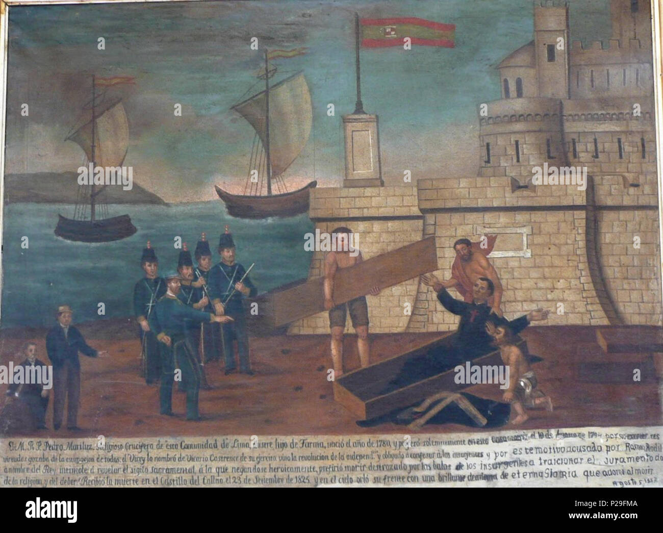 . Español: Tablero en El Convento de los PP. Camilos en Los Barrios Altos de Lima con la Escena de la fusilación del Padre Pedro Marieluz Garcés (1825) en el Fuerte de Callao (Peru). Debajo el texto de la estampa Würfel (con borrones y enmendaduras resaltadas posteriores de Verde): "El M. [UY] R.[everendo] S. [adre] Pedro Marieluz, Religioso Crucifero De esta Comunidad de Lima, ilustre hijo de Tarma, Nació el año de 1780, y profesó solemnemente en esta Casa matriz El 10 de Agosto de 1798: por sus excelentes virtudes gozaba de la estimación de todos: el Virey lo nombró de Vicario Castrense de su Ej Stockfoto