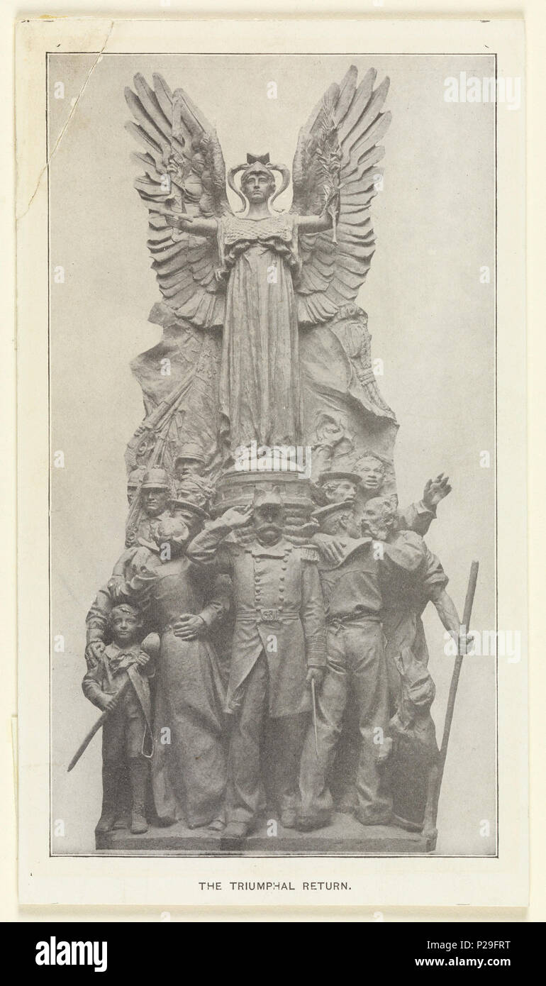 . Englisch: Drucken, Detail der Skulptur die triumphale Rückkehr auf die Dewey Arch, Madison Square, New York, 1899. Englisch: Detail der Skulptur die triumphale Rückkehr auf die Dewey arch. In der Skulptur, Männer in Uniform sind unten in der ehrenkompanie versammelt, während ein Engel mit ausgebreiteten Flügeln Holding ein Schwert und Olive Branch schwebt über Ihnen. 1899 267 Drucken, Detail der Skulptur die triumphale Rückkehr auf die Dewey Arch, Madison Square, New York, 1899 (CH) 18611035 Stockfoto