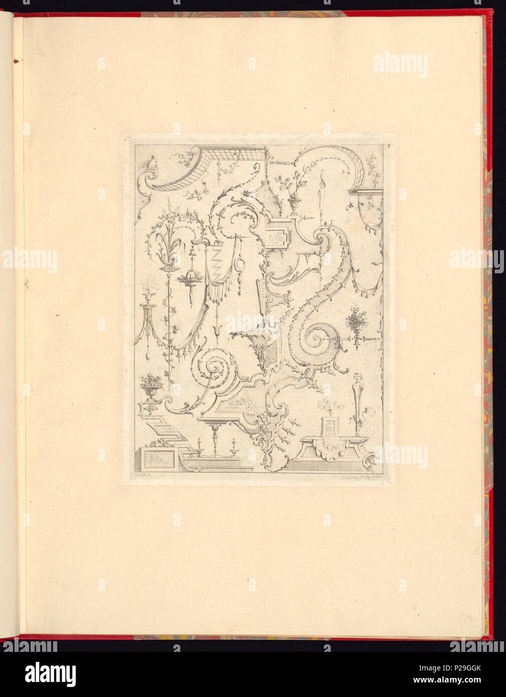 268 Drucken, Nouveau Livre de Principes d'ornements particulièrement pour trouver un nombre Infini de Formes qui, d'après les Dessins de Gillot. Peintre du Roy, gravé par Huquier; PL. 3 (CH) 18272745 Stockfoto