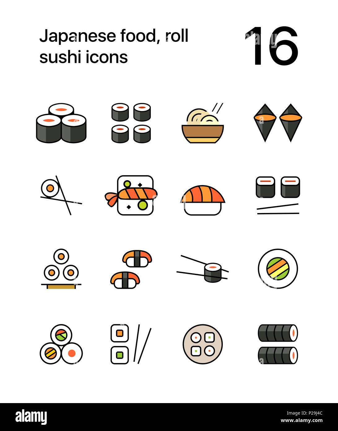 Farbige japanisches Essen, Sushi Icons für Web und mobile Design pack Stock Vektor