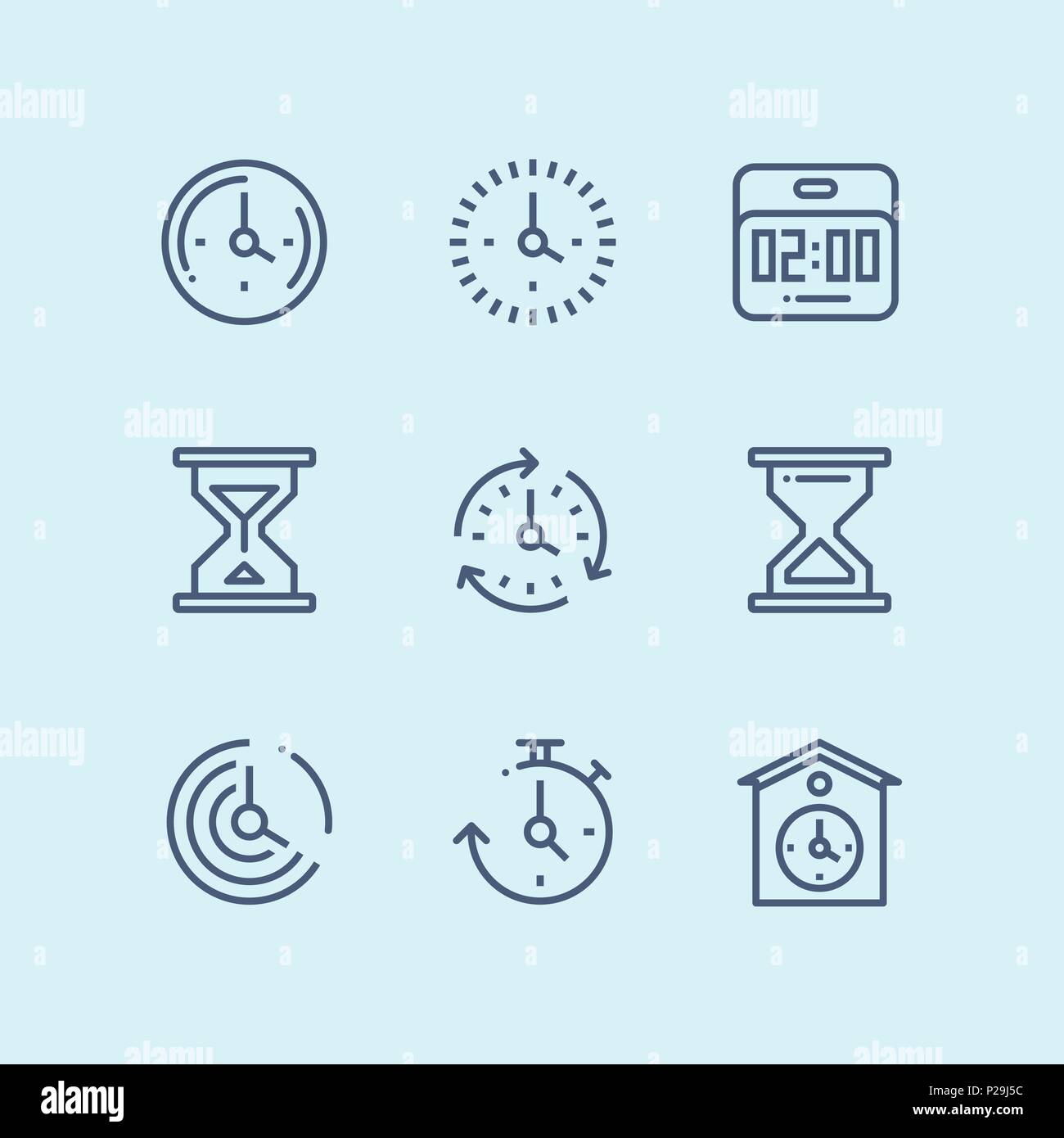 Set Blau von Zeit, Uhr, Uhr, Timer Vektor einfache umreiß Symbole für Web und mobile Design Pack 2 Stock Vektor