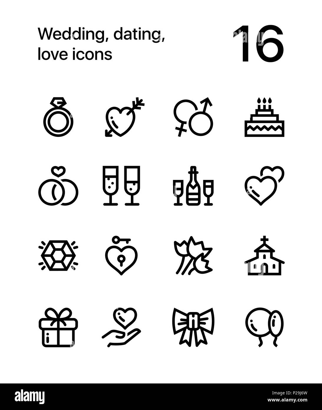Hochzeit, dating, Liebe, Symbole für Web und mobile Design Pack 1 Stock Vektor