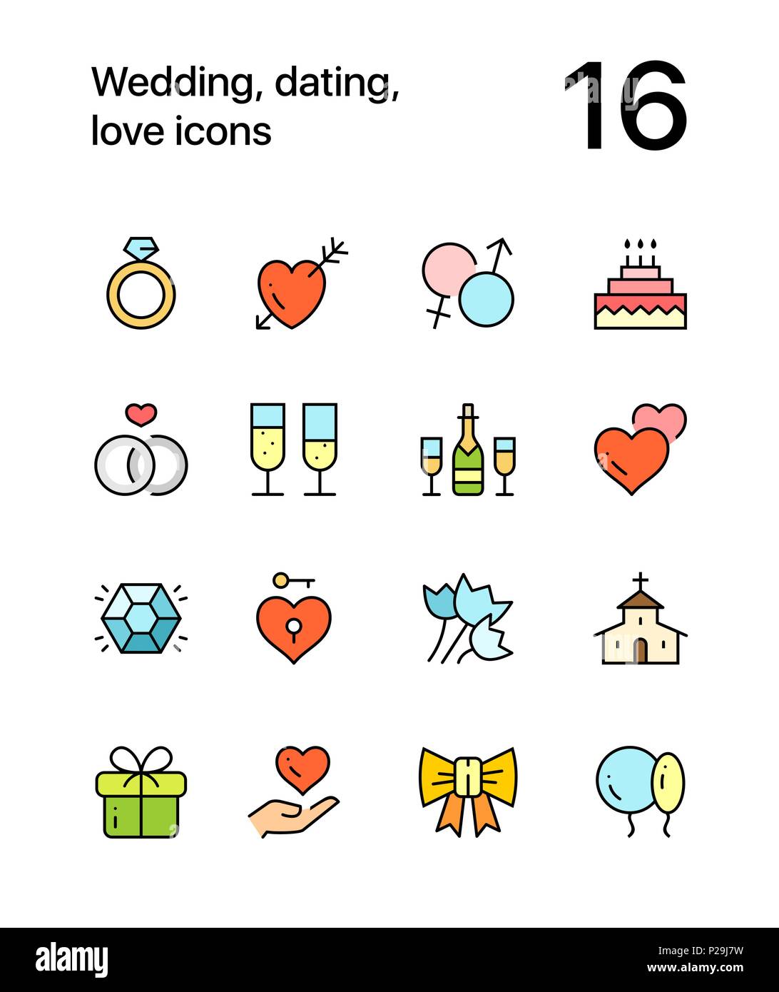 Farbige Hochzeit, dating, Liebe, Symbole für Web und mobile Design Pack 1 Stock Vektor