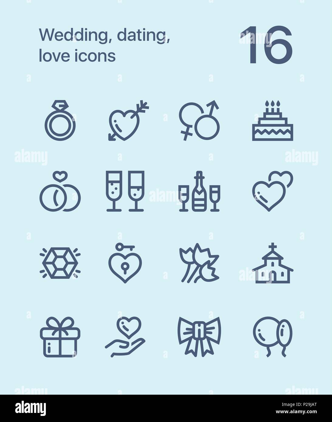 Übersicht Hochzeit, dating, Liebe, Symbole für Web und mobile Design Pack 1 Stock Vektor