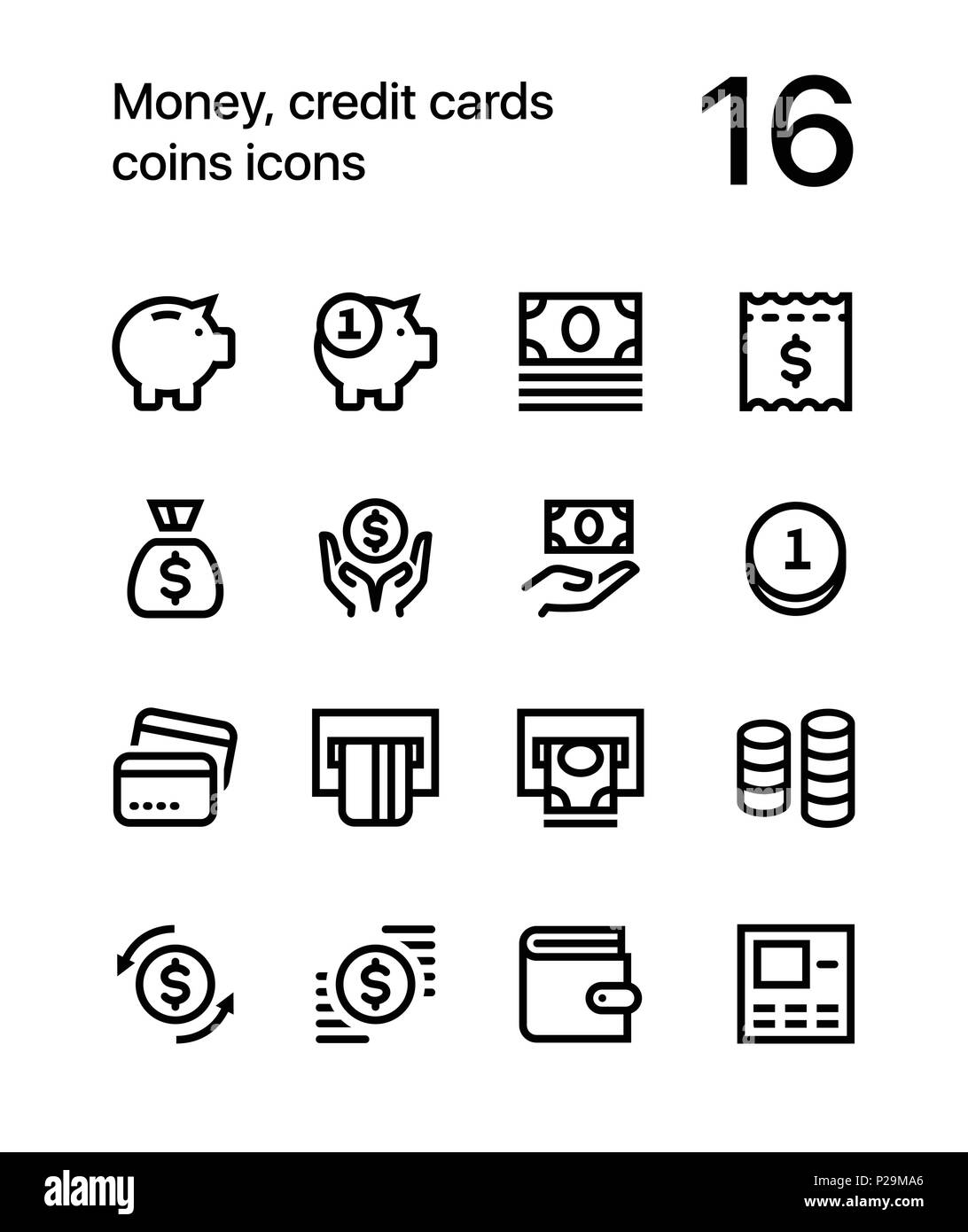 Geld, Kreditkarten, Münzen Symbole für Web und mobile Design Pack 1 Stock Vektor