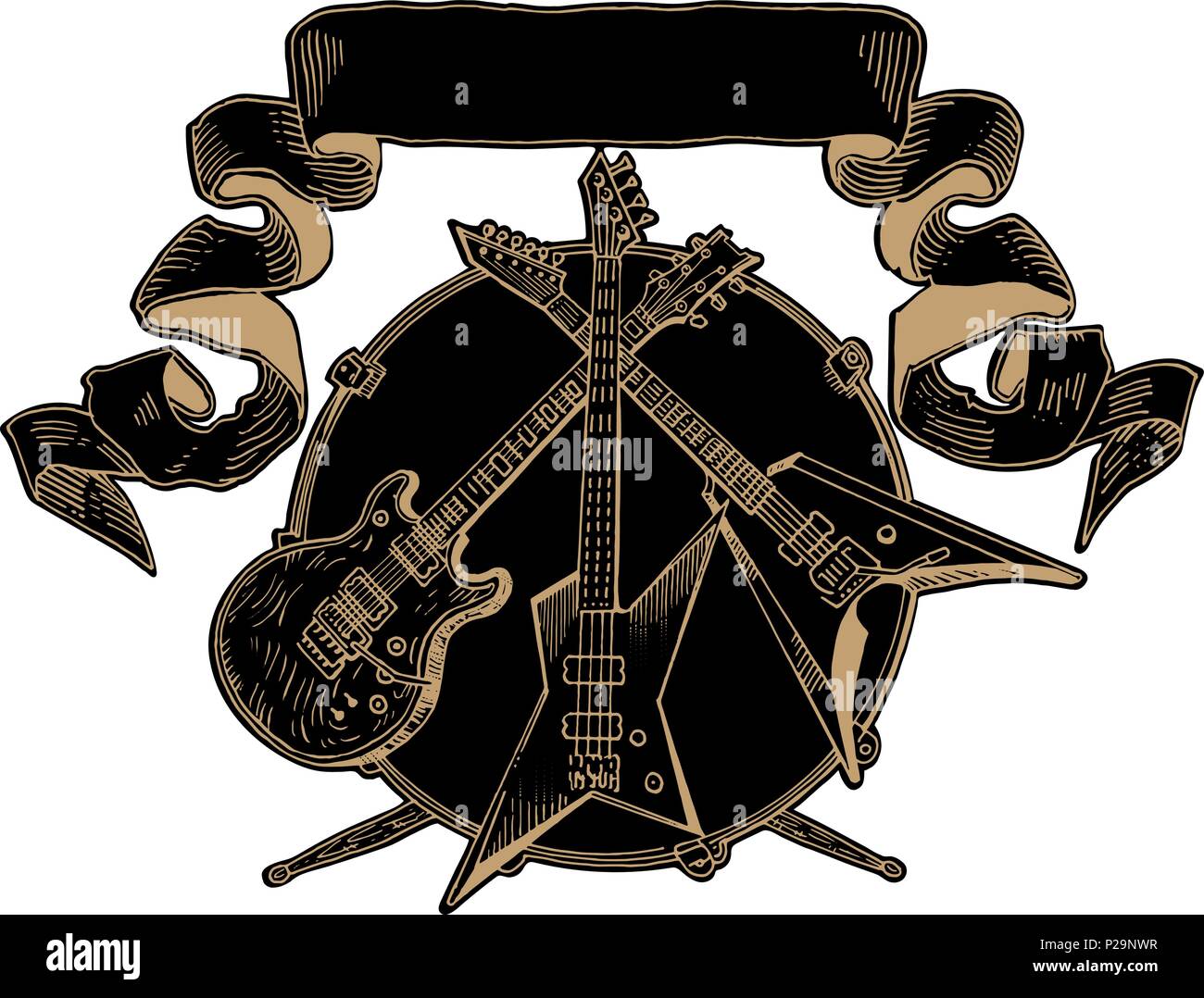 Heavy Metal Wappen. E-Gitarre, Bass, Schlagzeug Leitung Kunst auf Schwarz.  Hand gezeichnet Gravur stil Vector Illustration. Rock Musik, Konzert,  Festival Banner, t shirt Drucken, Band logo Vorlage Stock-Vektorgrafik -  Alamy