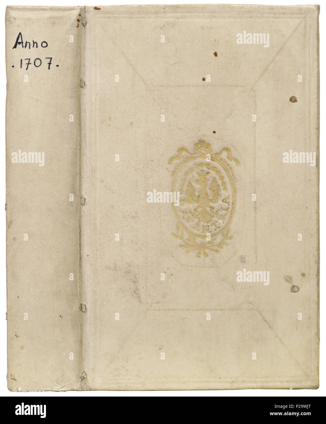 . Band van Leer perkament - Prijsband Deventer. Nederlands: Tabletten: Petro Josepho Cantalio. De Rumänisch Republica ... Ultrajecti, Guilielmum van de Wasser, 1707. 1707-1725; 26 Band van Leer perkament - Prijsband Deventer - KONB 12-1772 D5 Stockfoto