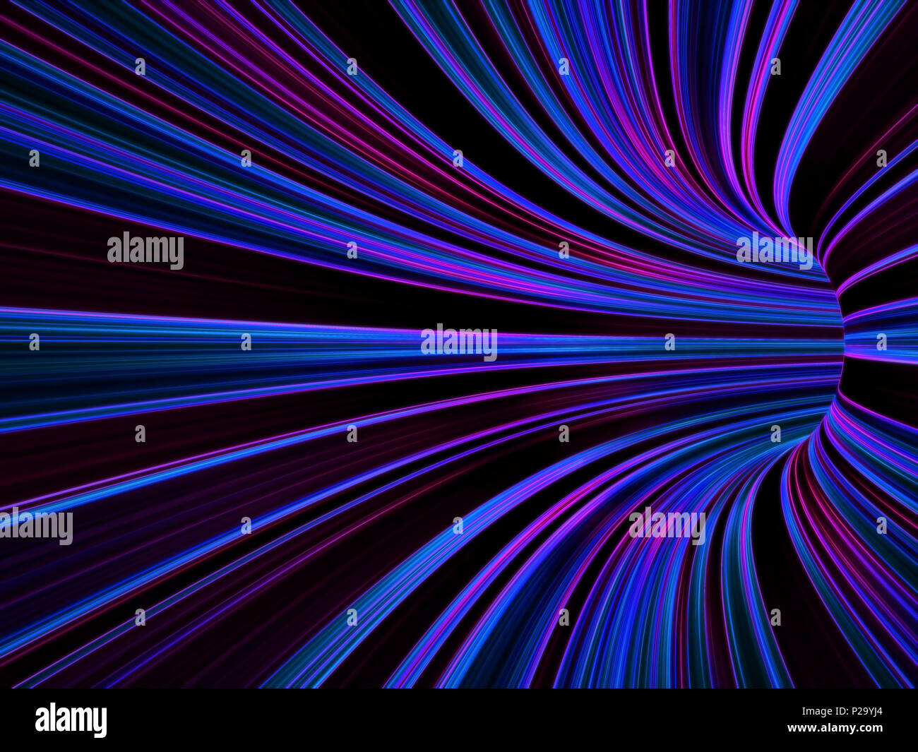 Abstrakte farbenfrohe digitalen Hintergrund, leere verbogene Tunnel ob Blau Lila Linien, 3d-Darstellung Stockfoto