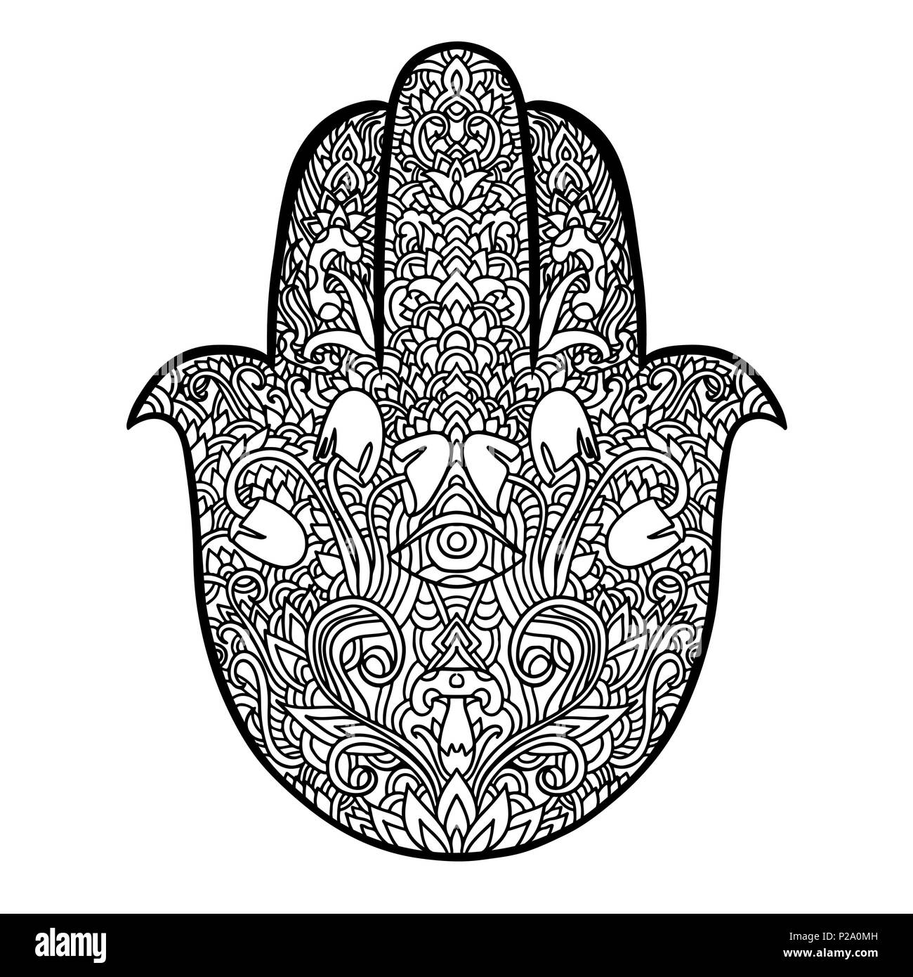 Hamsa Symbol. Fatima hand Muster. Vector Illustration. Indische mandala Ornament für Erwachsene Malbücher. Asiatische Schwarz und Weiß authentischen Hintergrund. Stock Vektor