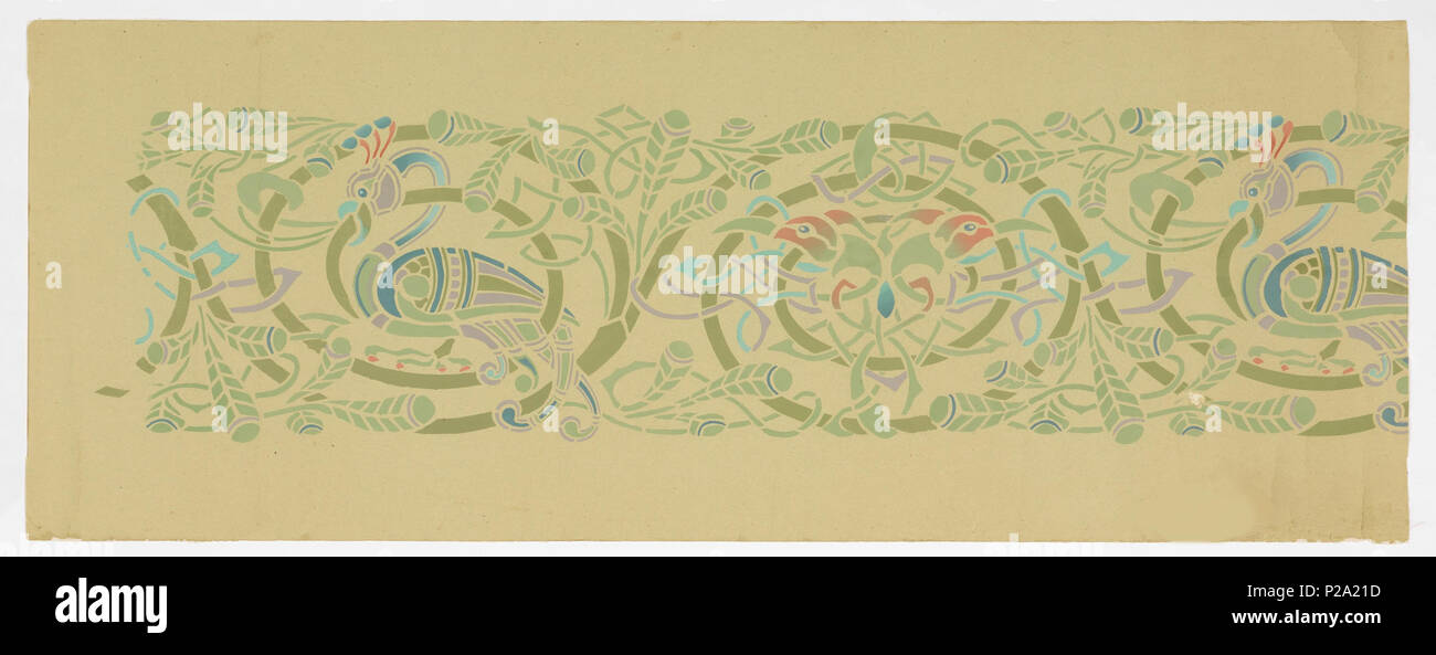 . Englisch: Fries (USA), 1900. Englisch: Celtic Design. Kontinuierliche foliate rinceau, die Rollen von denen enframe abwechselnd zwei wichtige Motive (a) ein Pfau im Profil; (b) die Köpfe der zwei Vögel addorsed. Gruene überwiegen mit geringeren Mengen an blau, lila und rot. Interlacings. Gedruckt auf schwerem hellgrünen Papier. . 1900 127 Fries (USA), 1900 (CH) 18395207 Stockfoto