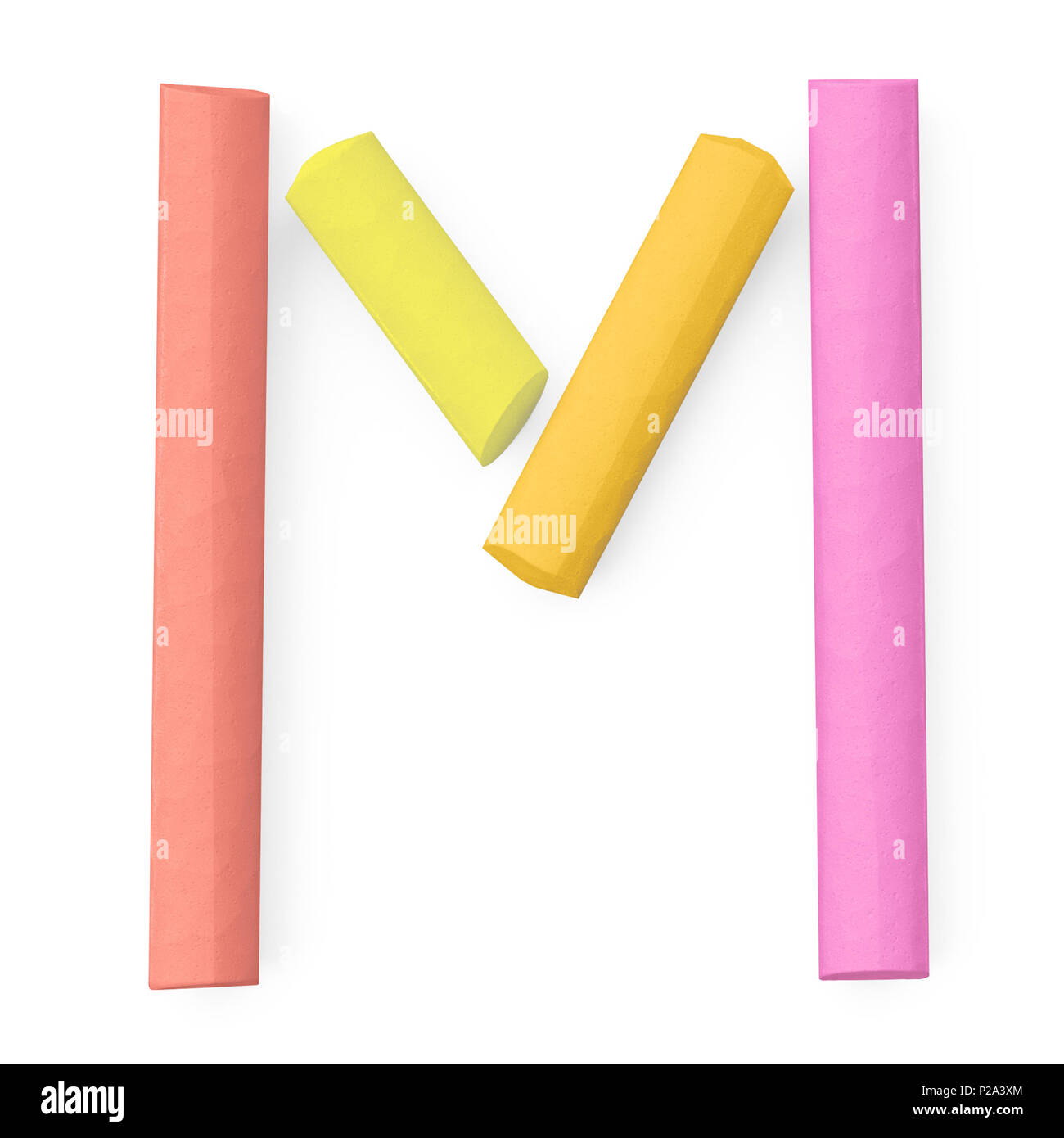 Farbige Bürgersteig oder Tafel Kreide montiert wie Großbuchstabe M auf weißem Hintergrund, 3D font Bild für Bildung, Kunst und kindisch Typo gemacht Stockfoto