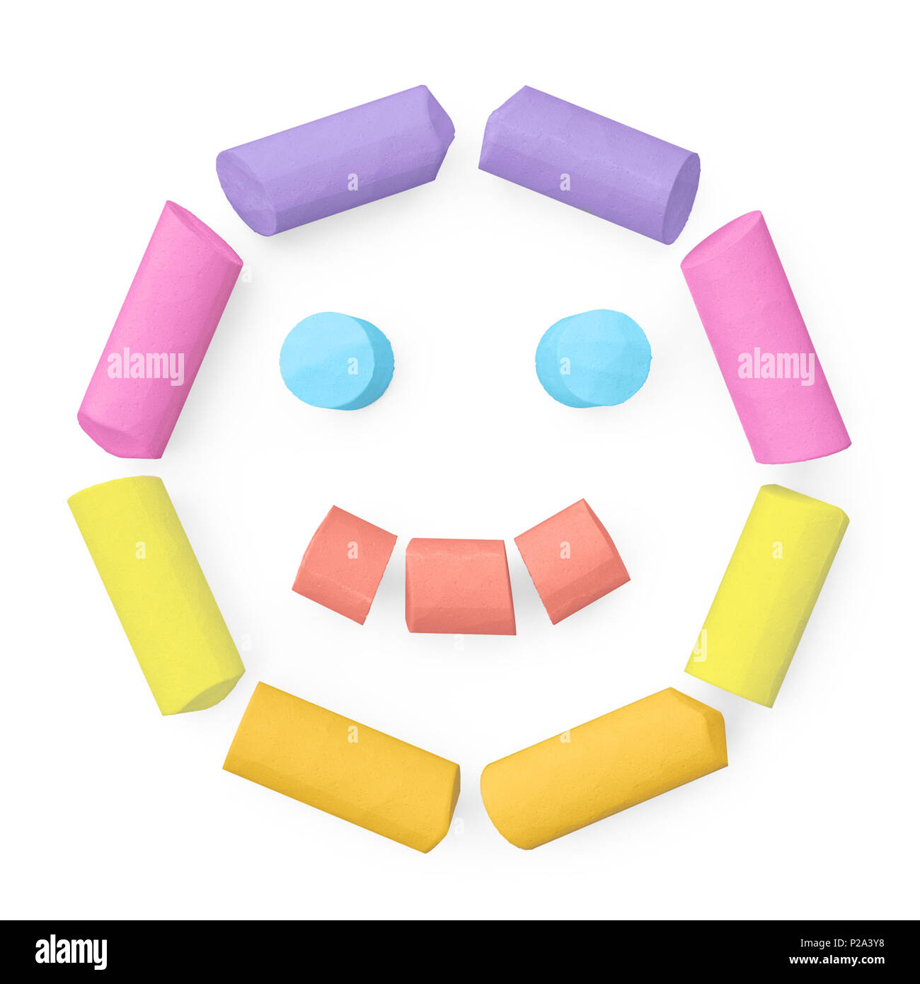 Farbige Bürgersteig oder Tafel Kreide montiert wie Face Happy Emoticon auf rauen Tafel, gerenderten 3D-Font Bild für Bildung, Kunst und kindisch t Stockfoto