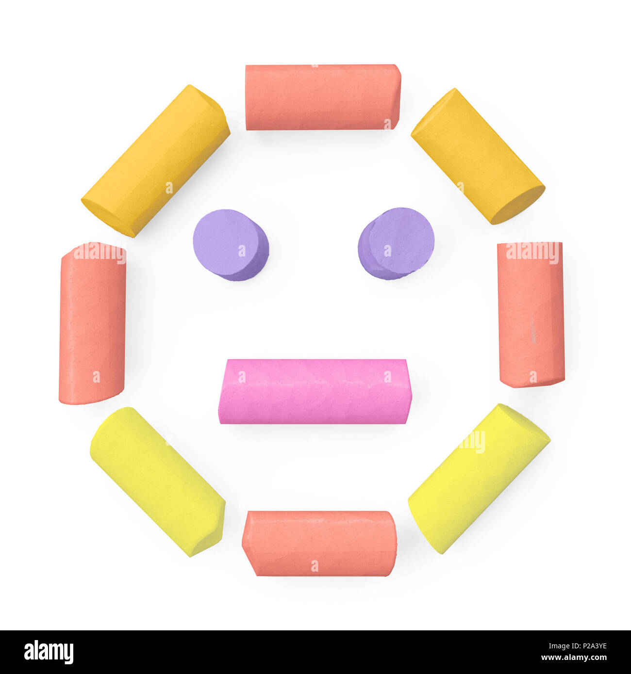 Farbige Bürgersteig oder Tafel Kreide montiert wie Face Happy Emoticon auf rauen Tafel, gerenderten 3D-Font Bild für Bildung, Kunst und kindisch t Stockfoto