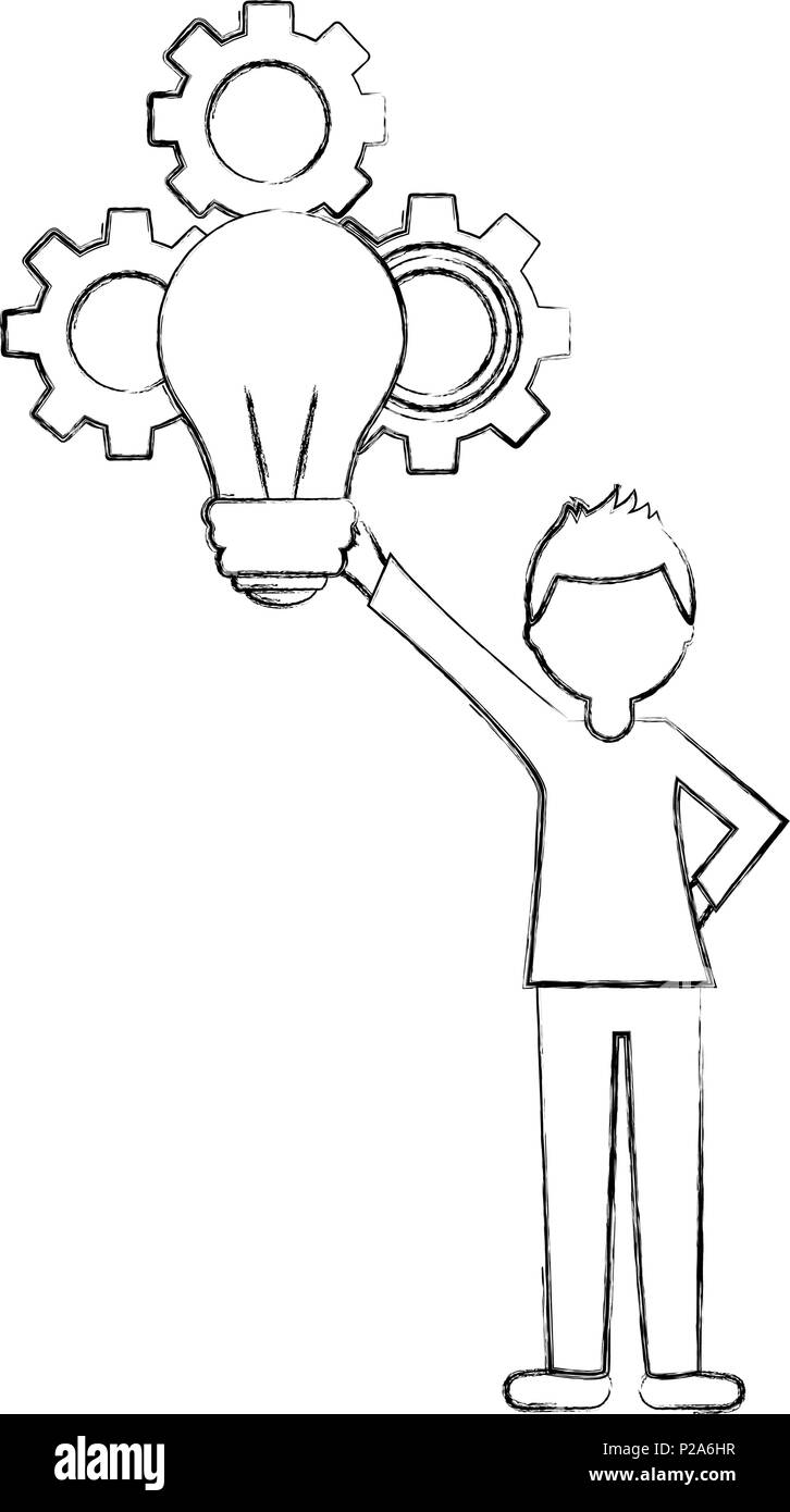 Mann hält die Glühbirne Idee Zahnräder Teamarbeit Vektor-illustration Skizze Stock Vektor