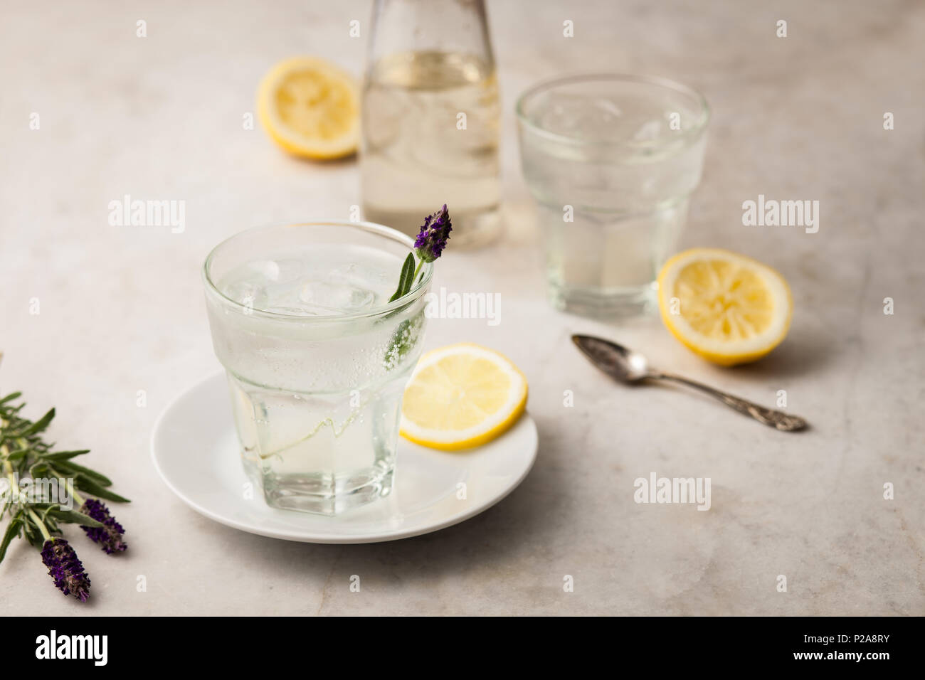 Citrus Limonade mit Zitronenscheiben und Lavendel Stockfoto