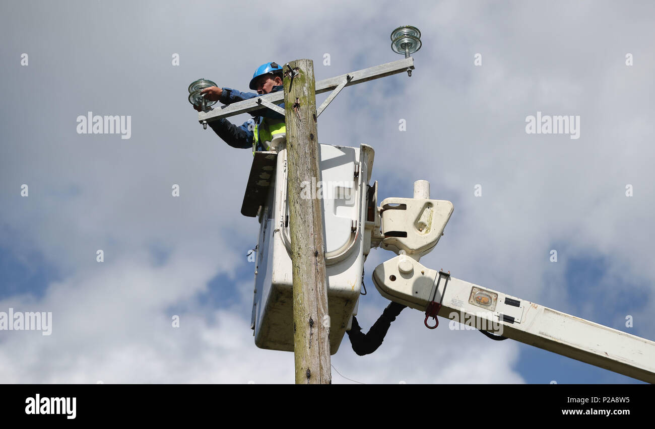 ESB Networks Besatzungen arbeiten macht, um Häuser in der Nähe von Naas, Co Kildare wiederherzustellen, nachdem Sturm Hector ungewöhnlich starke Winde von 50-70 mph Teig die gesamte Insel über Nacht sah. Stockfoto